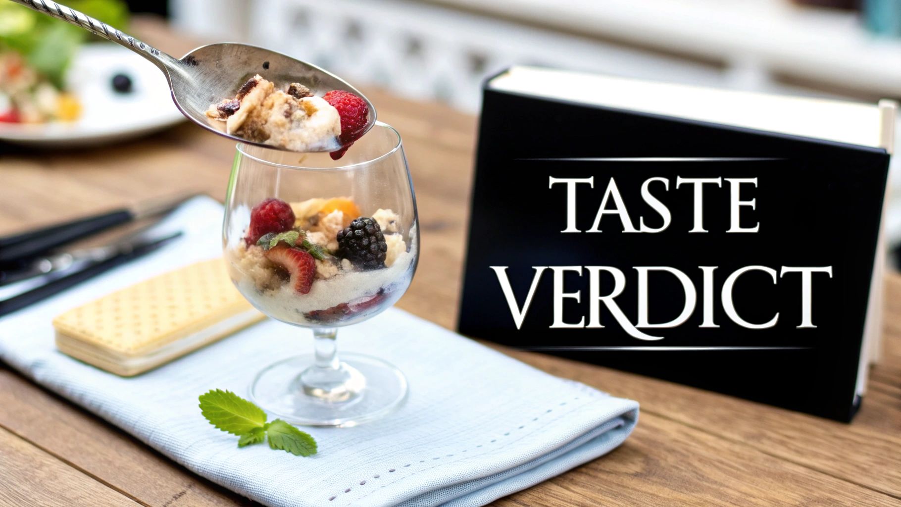 A spoon serves fruity dessert into a glass next to a black book titled 'TASTE VERDICT'.