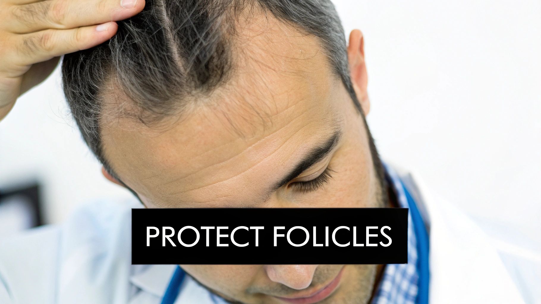 Close-up of a man checking his receding hairline or thinning hair, with 'PROTECT FOLICLES' overlay.
