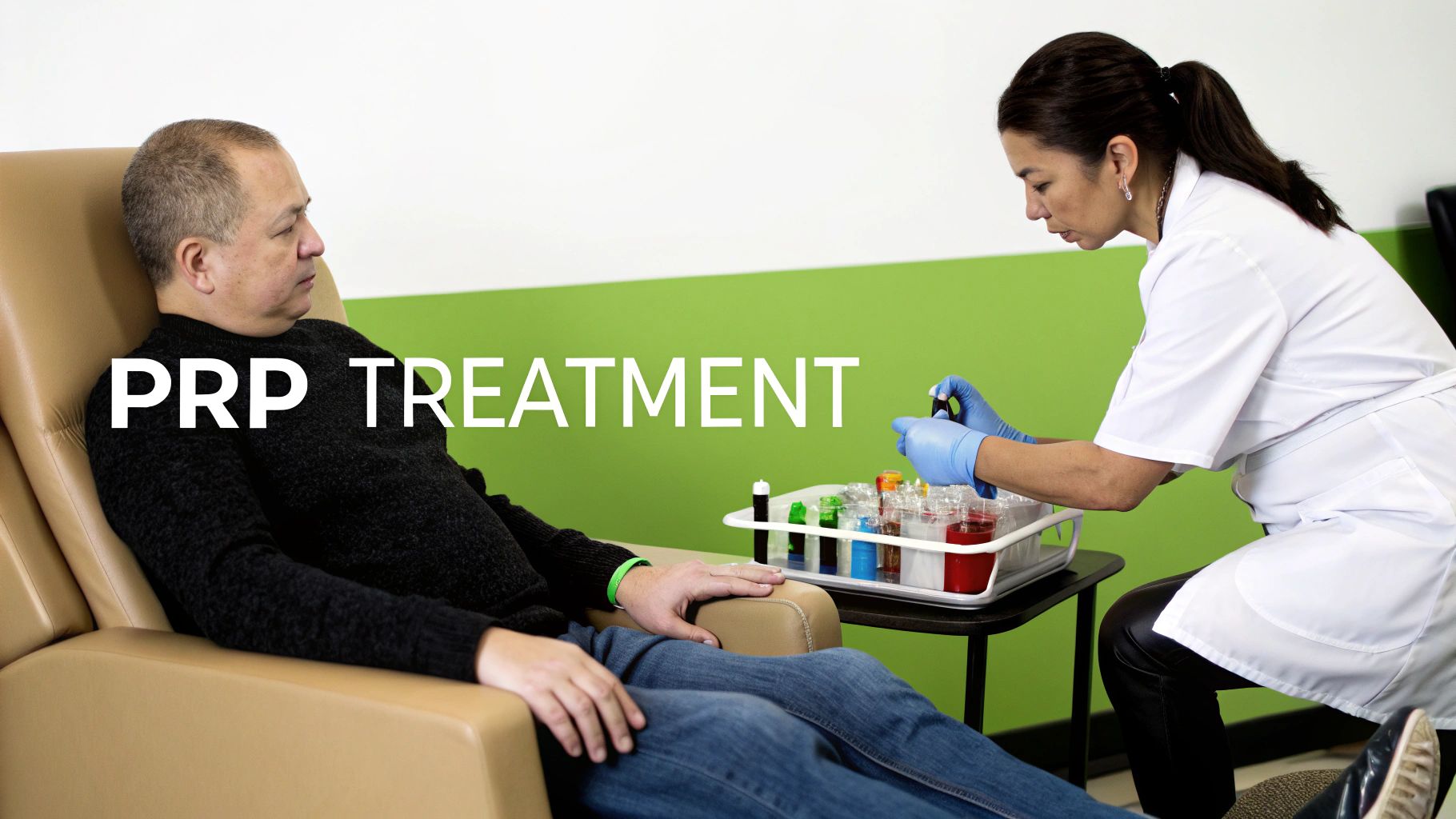 A medical professional prepares samples for PRP treatment while a male patient sits in a chair.