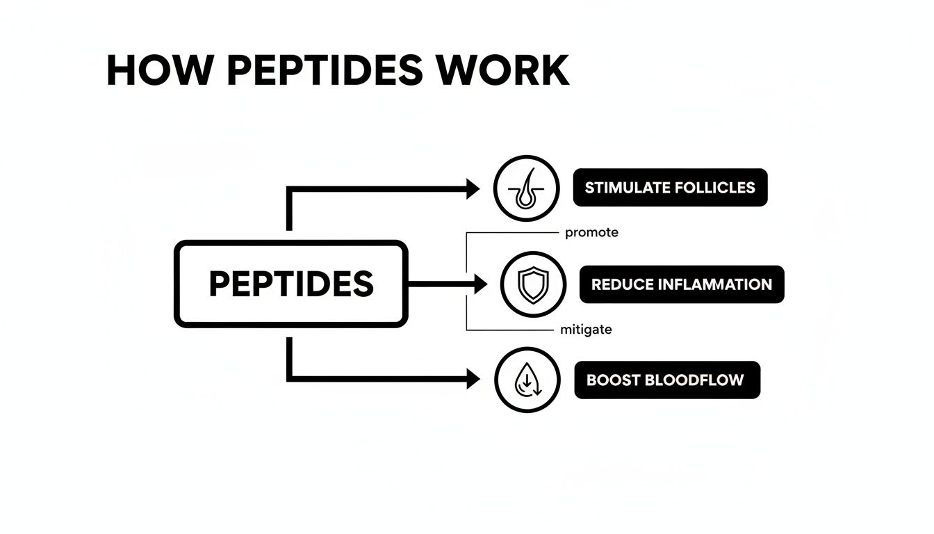 A diagram illustrating how peptides work, showing their effects on stimulating follicles, reducing inflammation, and boosting blood flow.
