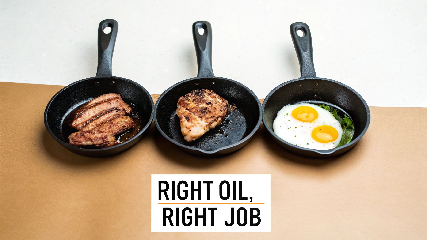 Three small frying pans display different cooked foods: grilled meat, a pan-fried chicken breast, and two sunny-side-up eggs.