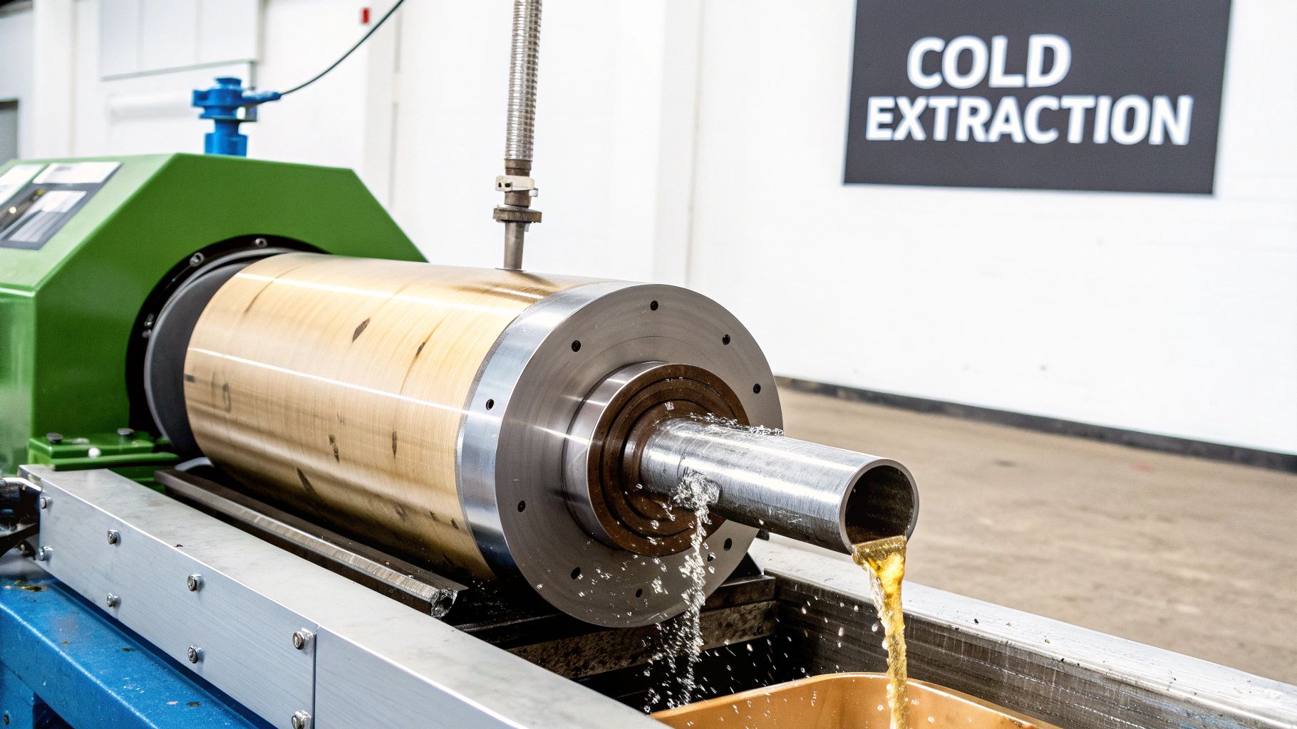 Golden liquid pours from a machine during the cold extraction process of oil production.