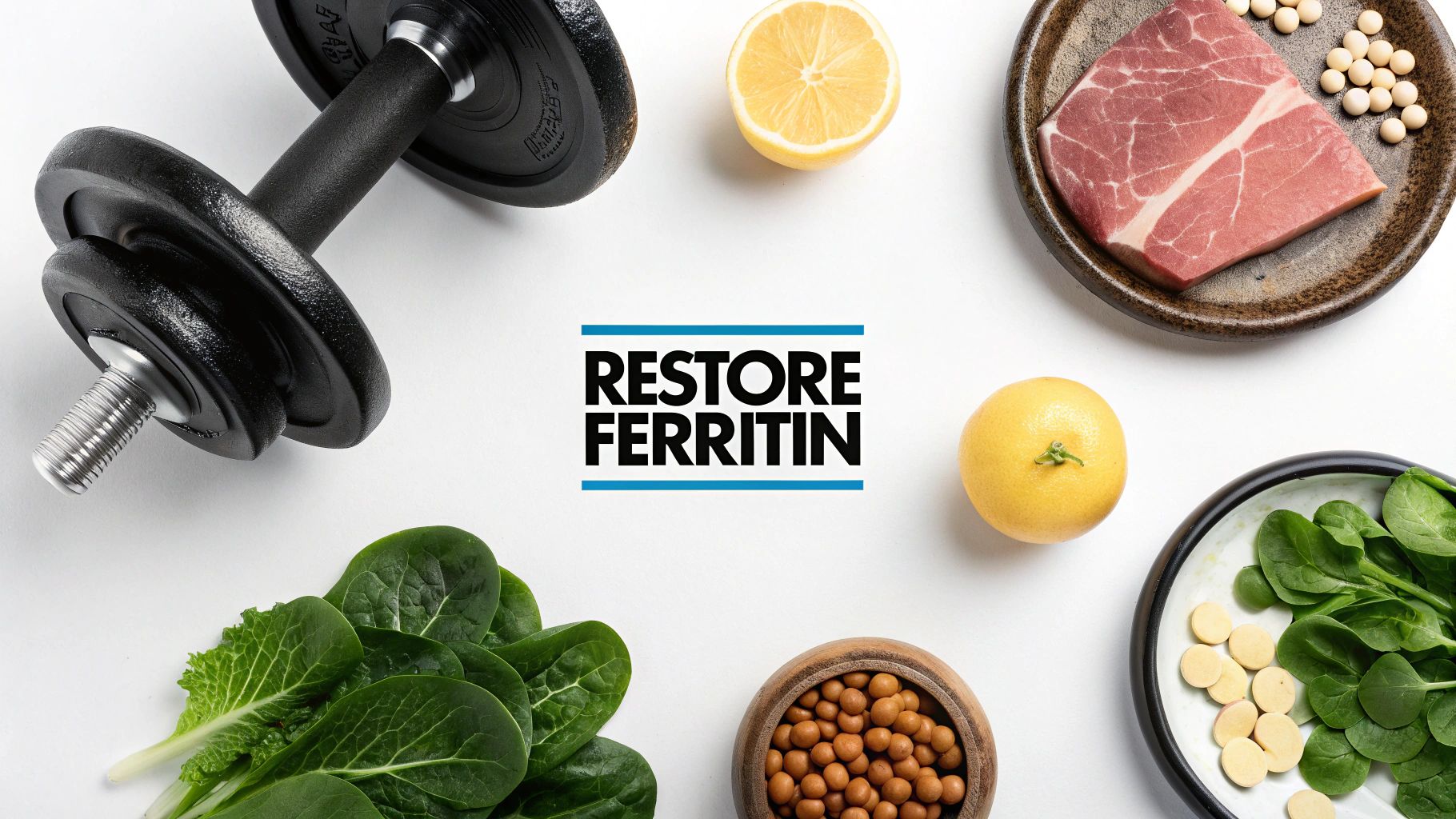 A variety of iron-rich foods like spinach, red meat, and legumes arranged on a wooden table.