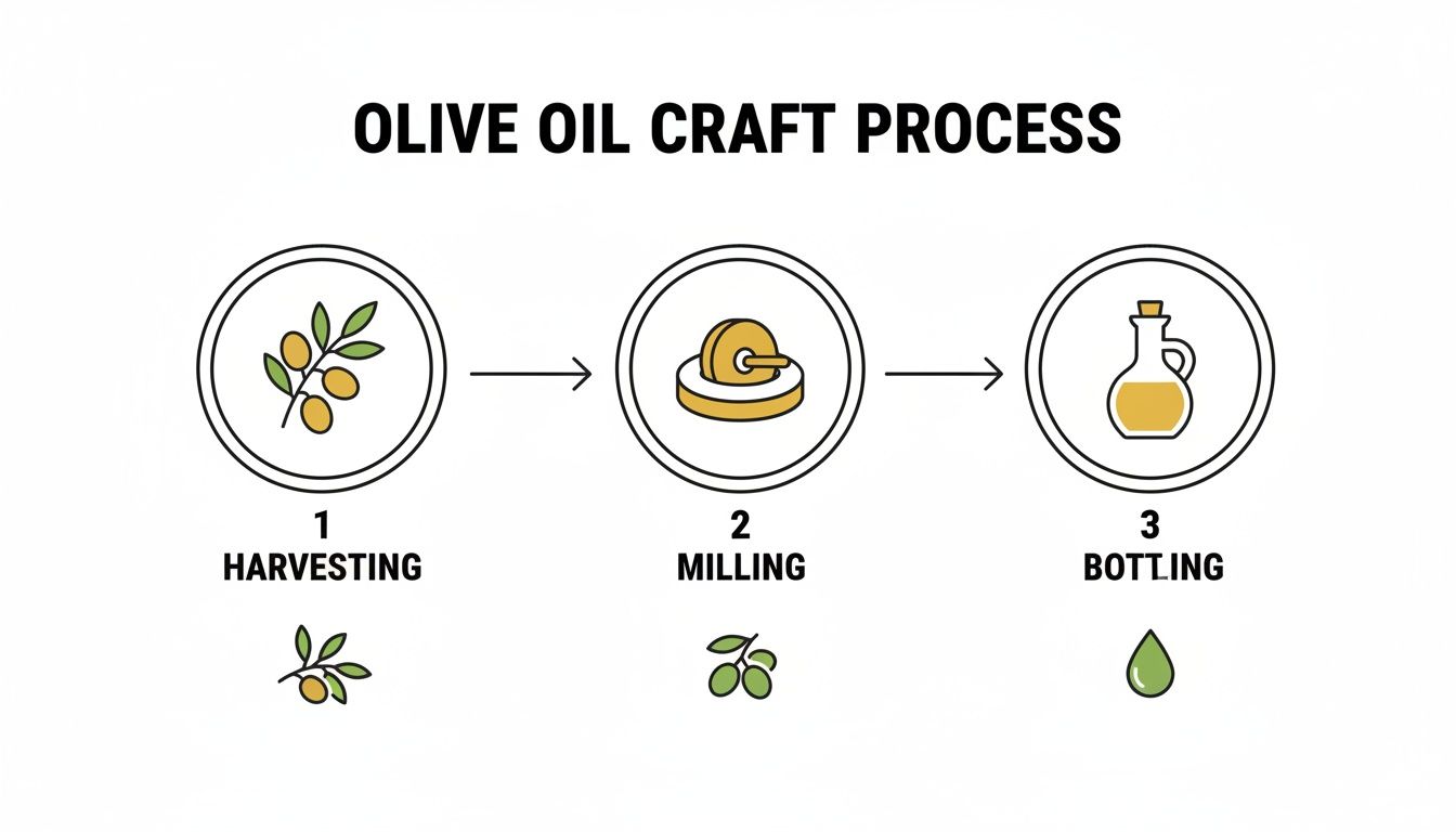 Diagram illustrating the three-step olive oil craft process: harvesting, milling, and bottling.