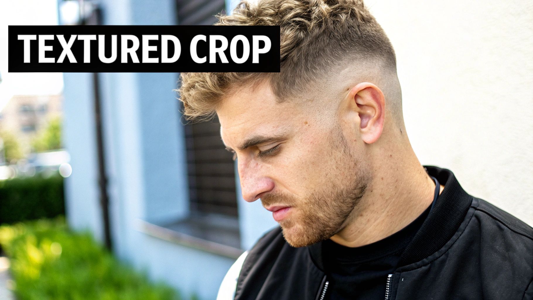 Young man showcasing a trendy textured crop haircut with a sharp fade.