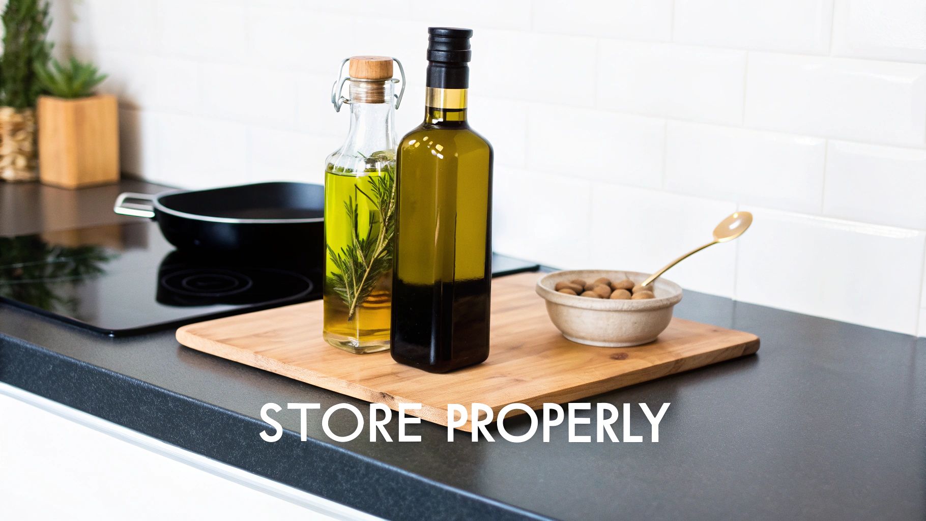 Two bottles of olive oil, one with rosemary, and a bowl of nuts on a kitchen counter.