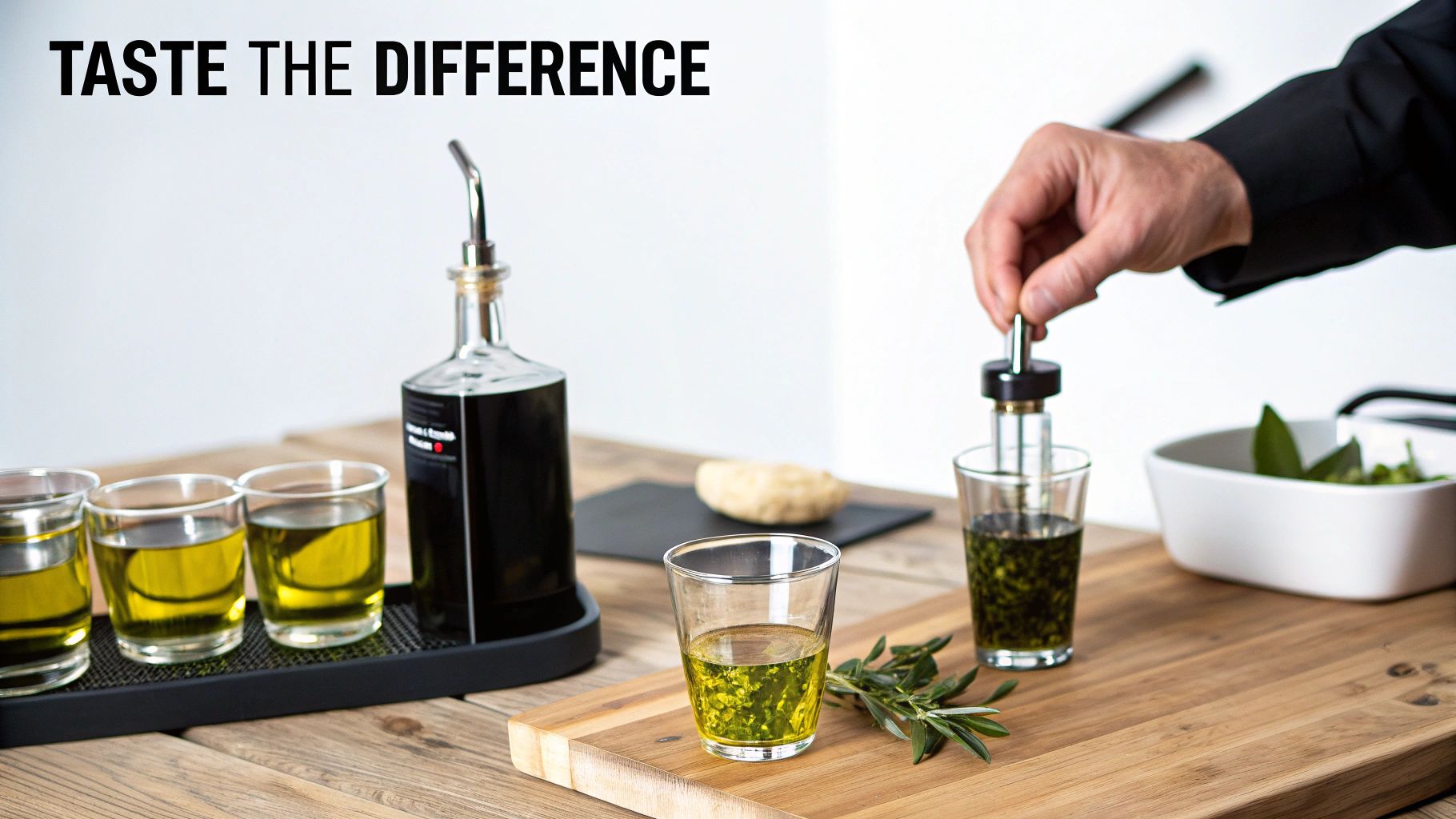 A hand prepares olive oil with herbs in a glass for a tasting event on a wooden table.