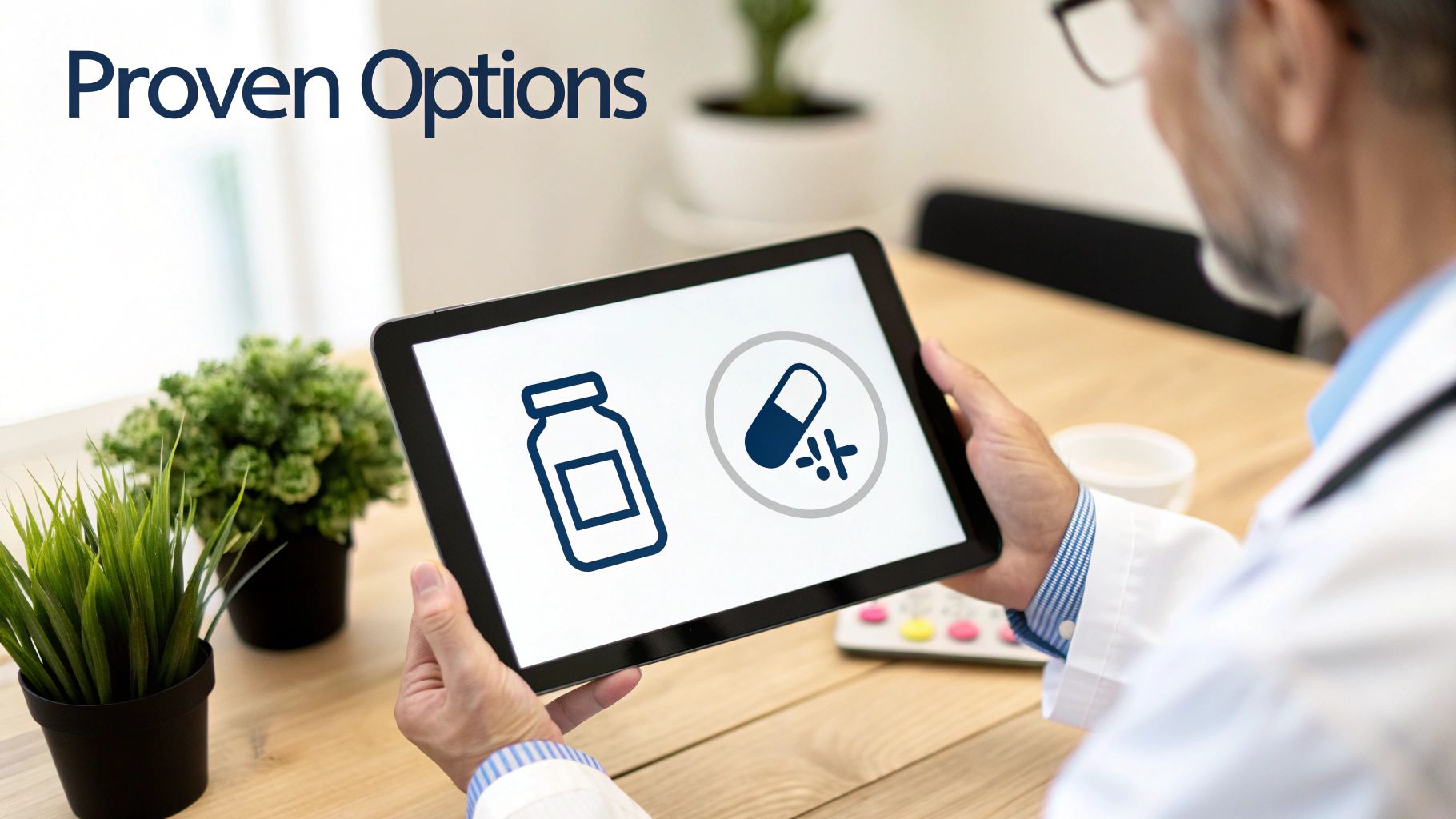 A doctor holds a tablet displaying icons of a medicine bottle and a pill with a plus sign, under the text 'Proven Options'.