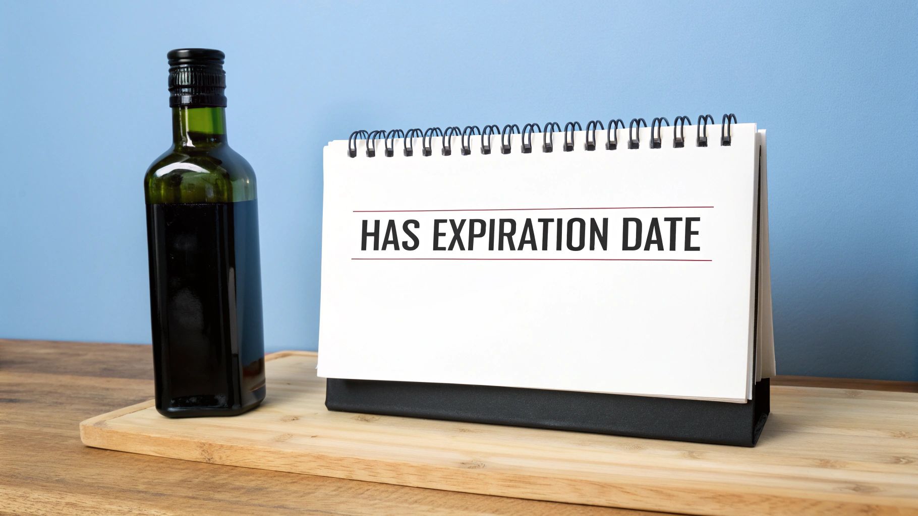 A beautiful bottle of extra virgin olive oil next to fresh olives on a rustic wooden table.