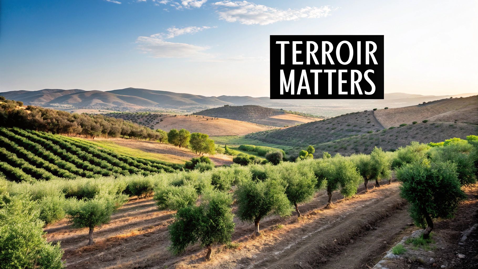 Olive groves on a sun-drenched Mediterranean hillside