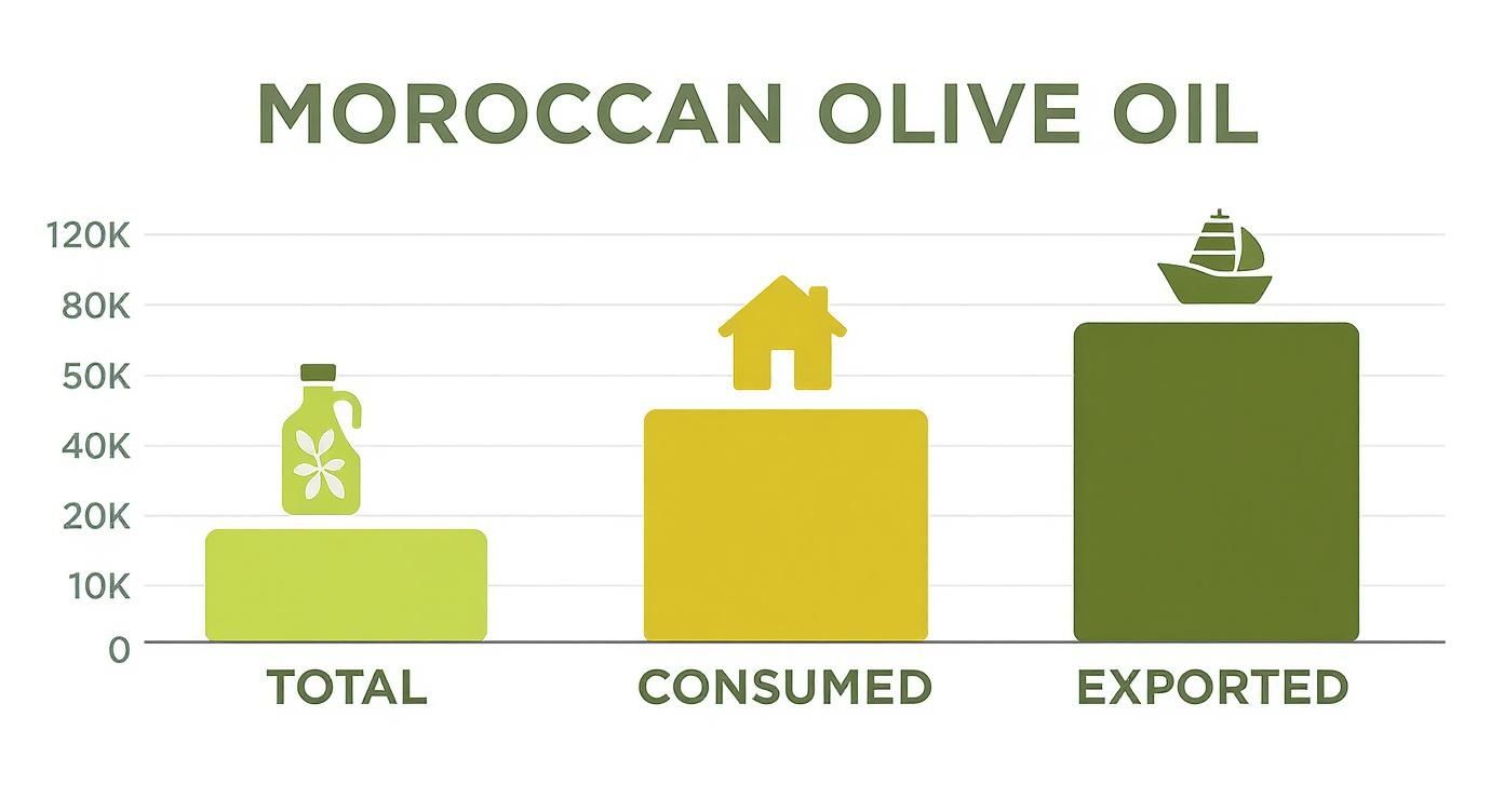 Bar chart showing Moroccan olive oil production, with 200k tons total, 140k tons consumed, and 60k tons exported.