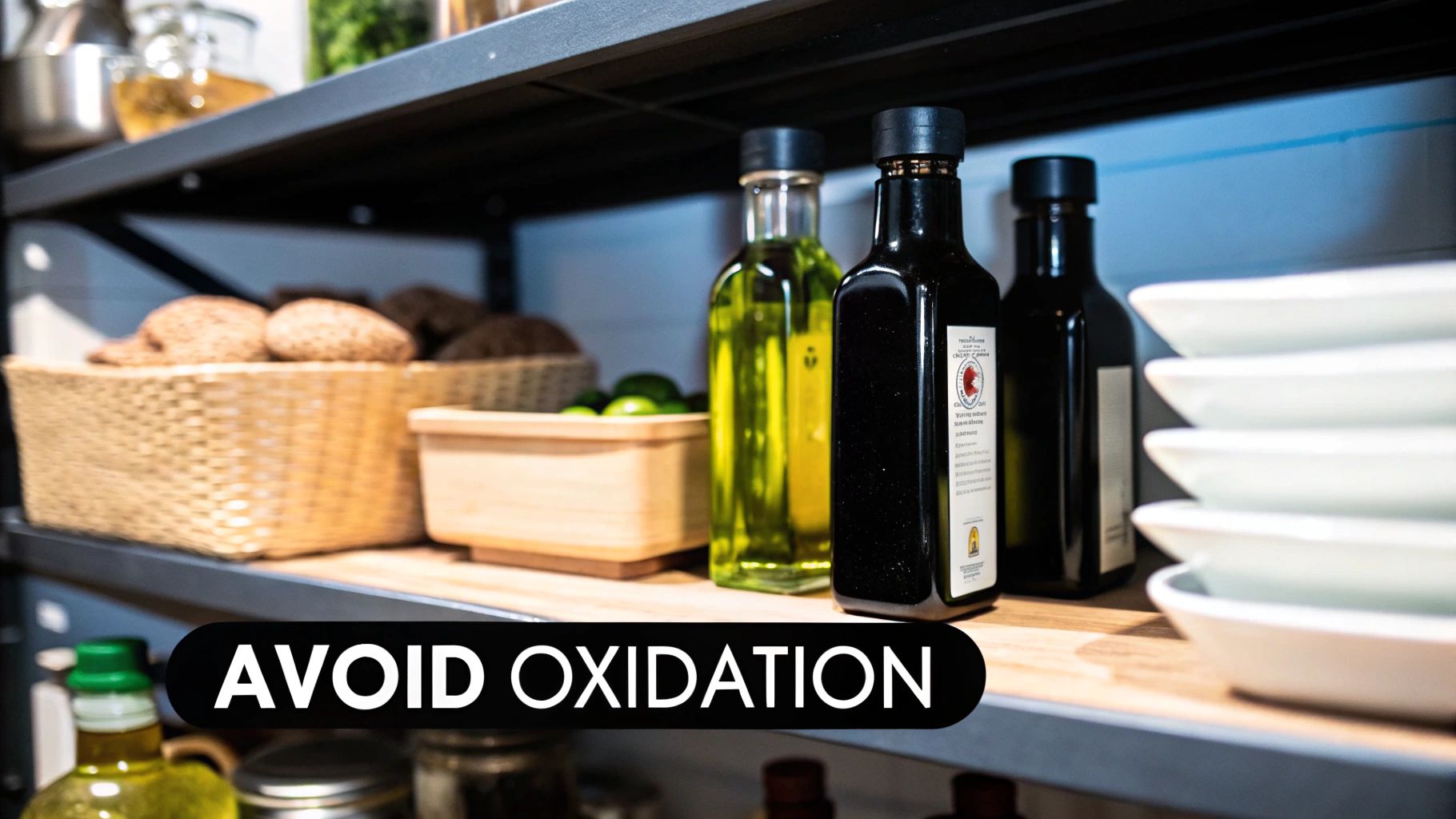 A rustic kitchen pantry shelf with olive oil, spices, and other ingredients.
