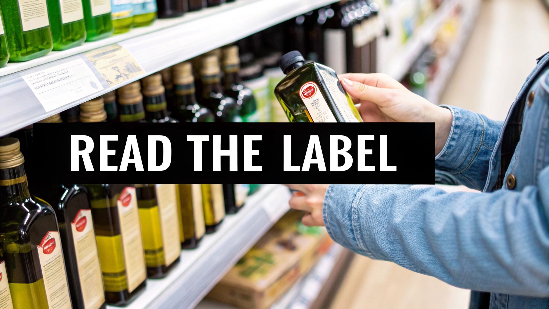 A shopper's hand holds a dark bottle of olive oil on a supermarket shelf, reading the label.