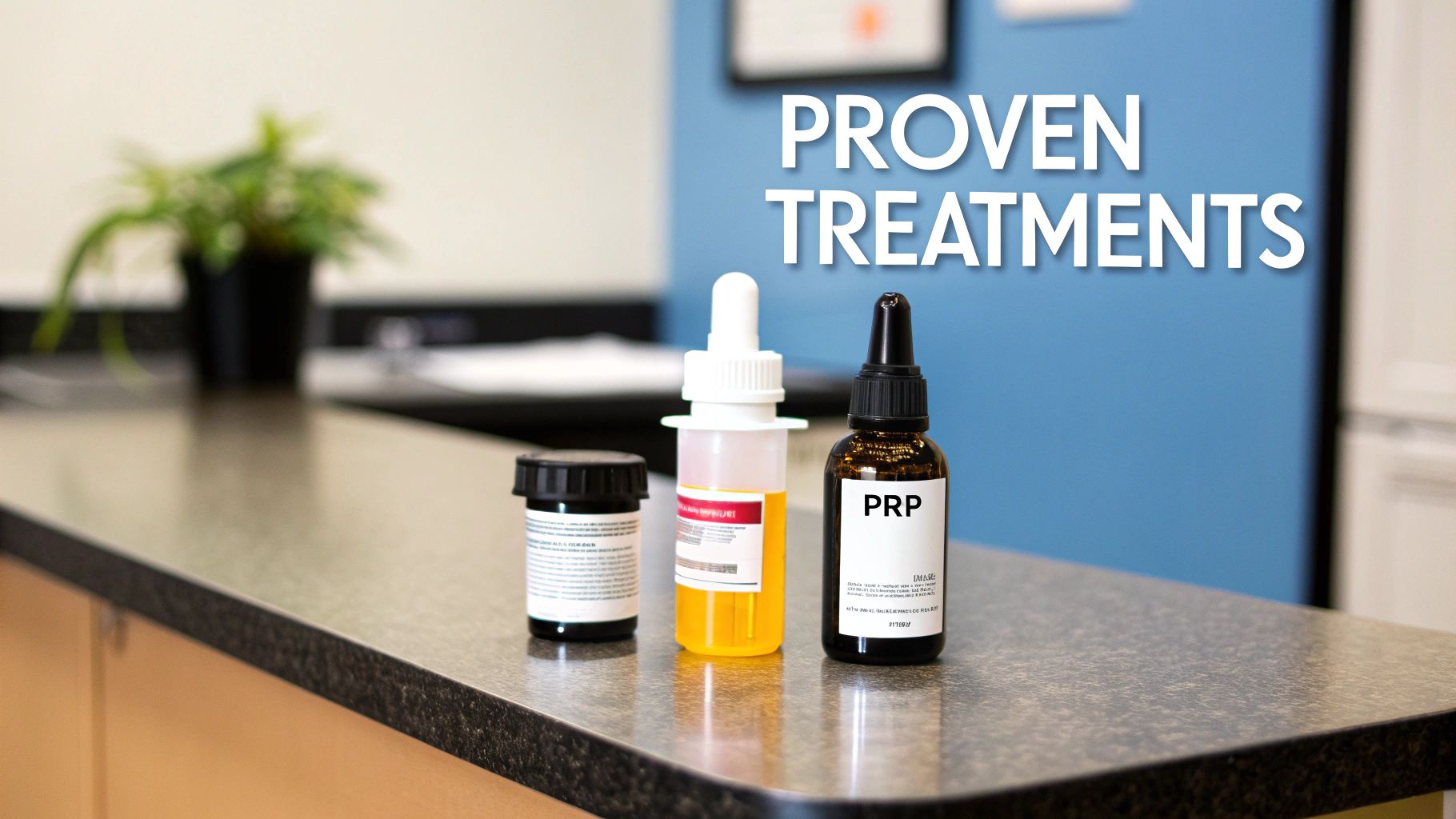 Three medical-looking bottles, one labeled 'PRP', on a counter with 'PROVEN TREATMENTS' text.