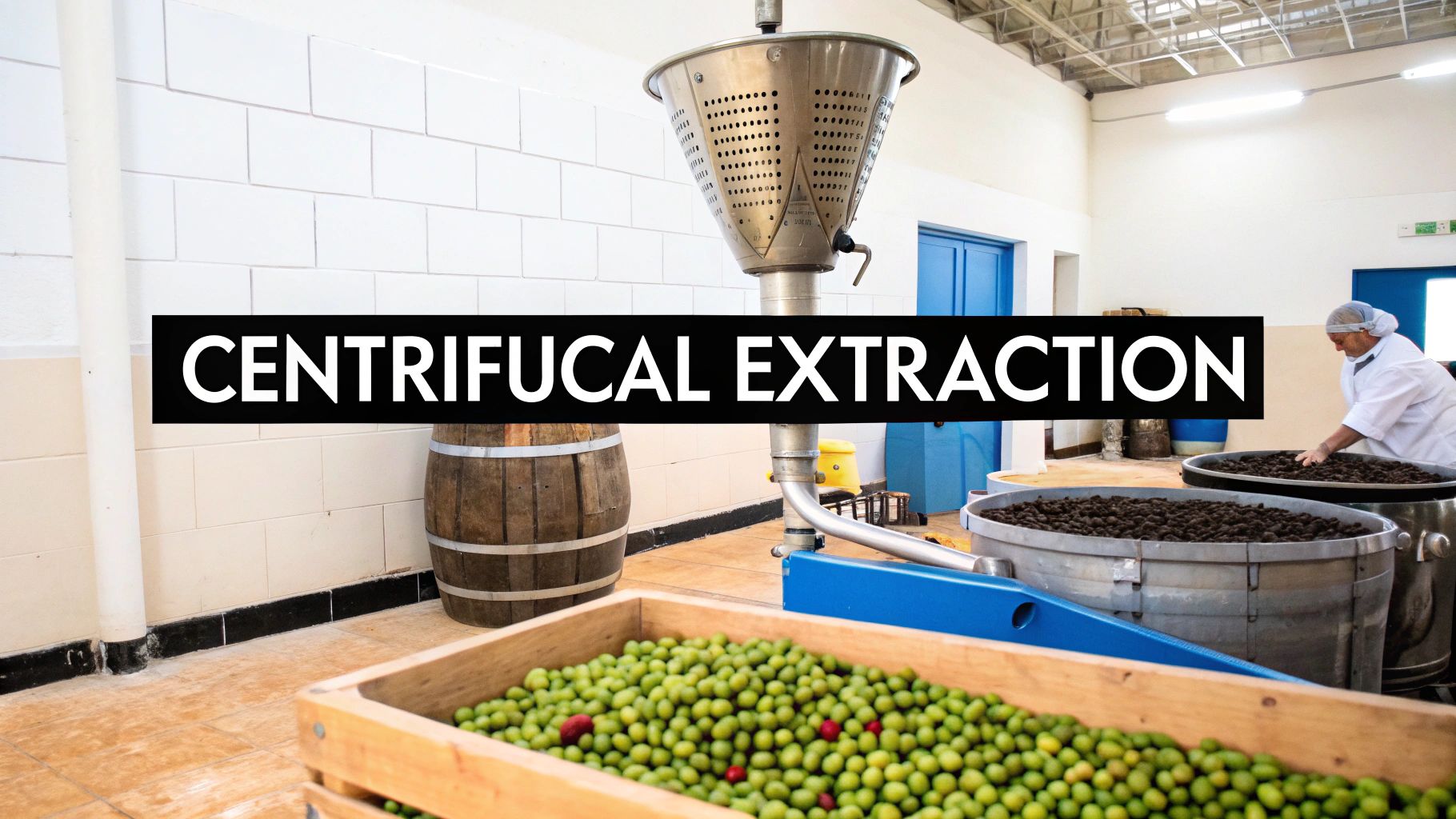 Centrifugal extraction process in an olive oil factory, with fresh green olives, processed pulp, and machinery.