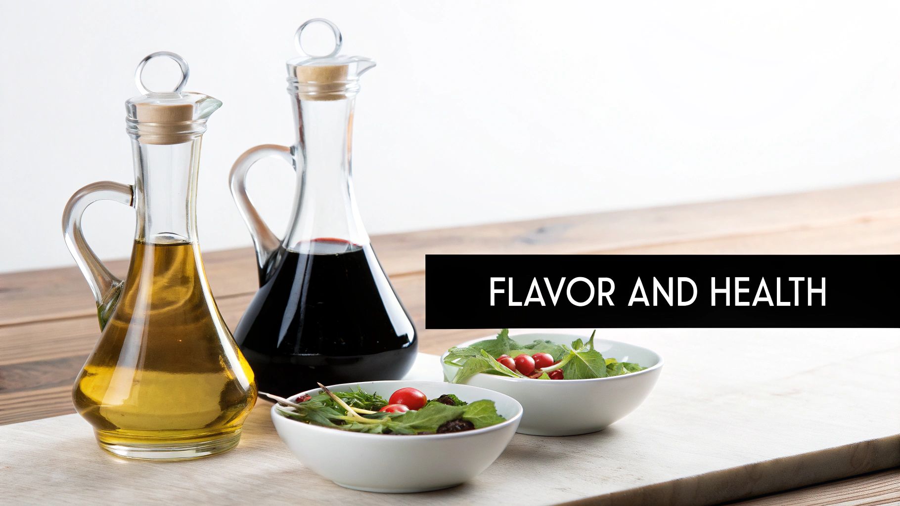 Healthy ingredients: olive oil, balsamic vinegar, and fresh salads on a wooden table with 'FLAVOR AND HEALTH' text.