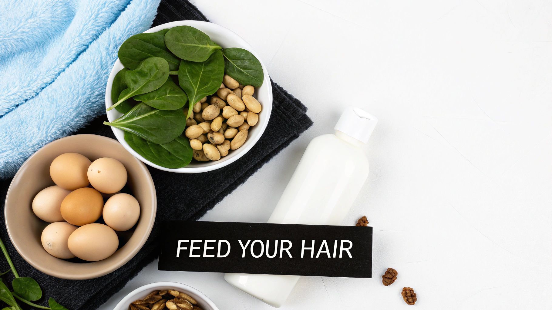 Ingredients for hair health: eggs, spinach, soybeans, and nuts, next to a shampoo bottle and a 'FEED YOUR HAIR' sign.
