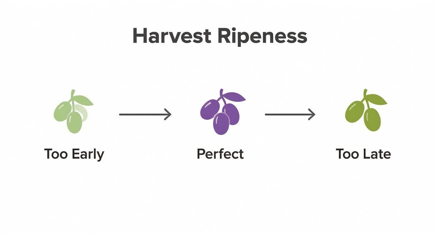 An illustration showing olive ripeness stages: too early (light green), perfect (purple), and too late (dark green).
