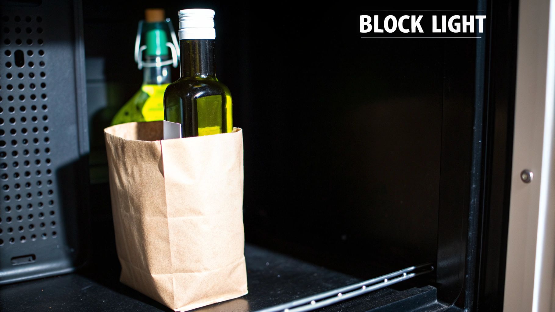 Olive oil stored in a dark pantry