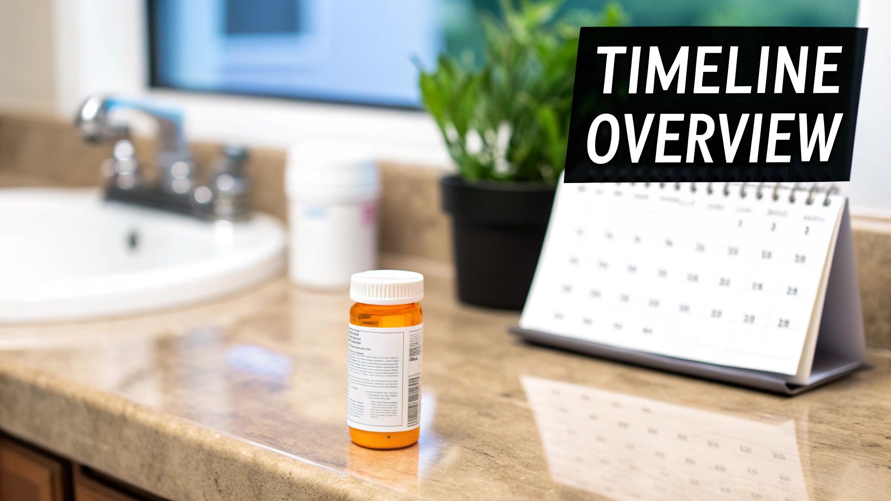 A prescription bottle, calendar, and plant on a bathroom counter with text 'TIMELINE OVERVIEW'.
