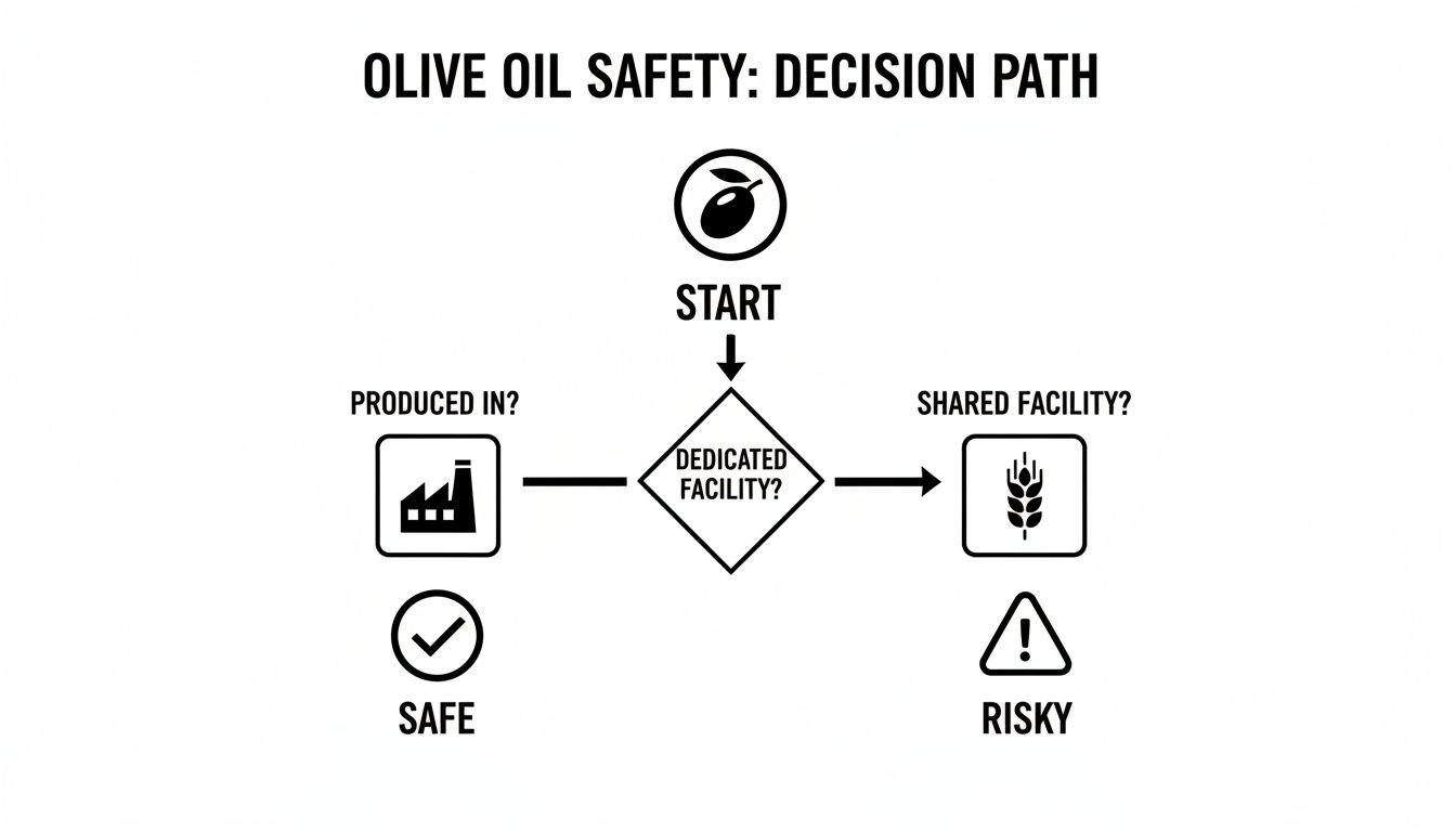 A flowchart showing olive oil safety decisions based on dedicated versus shared production facilities.