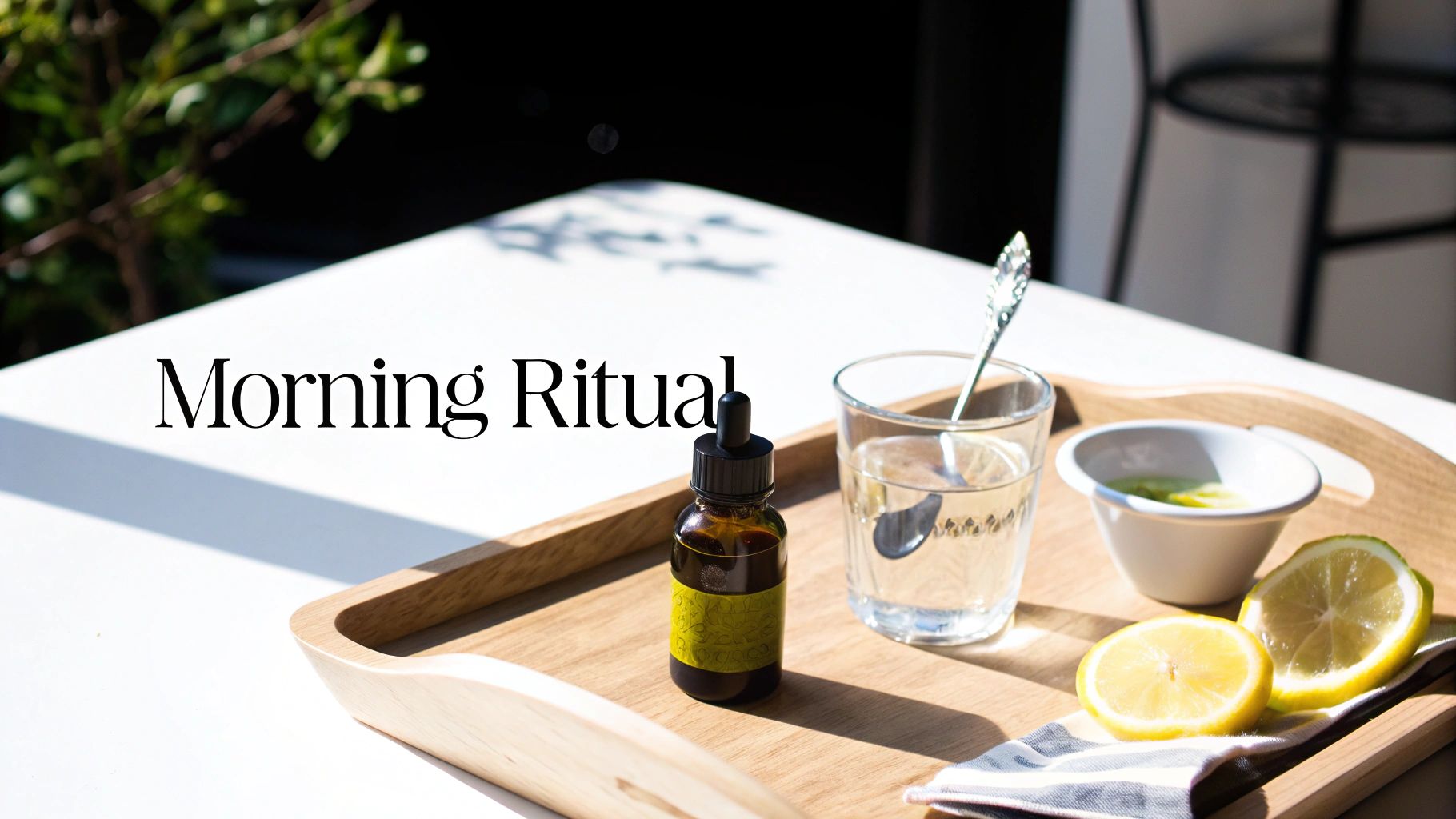 A wooden tray with olive oil, a glass of water, and fresh lemon slices for a morning ritual.