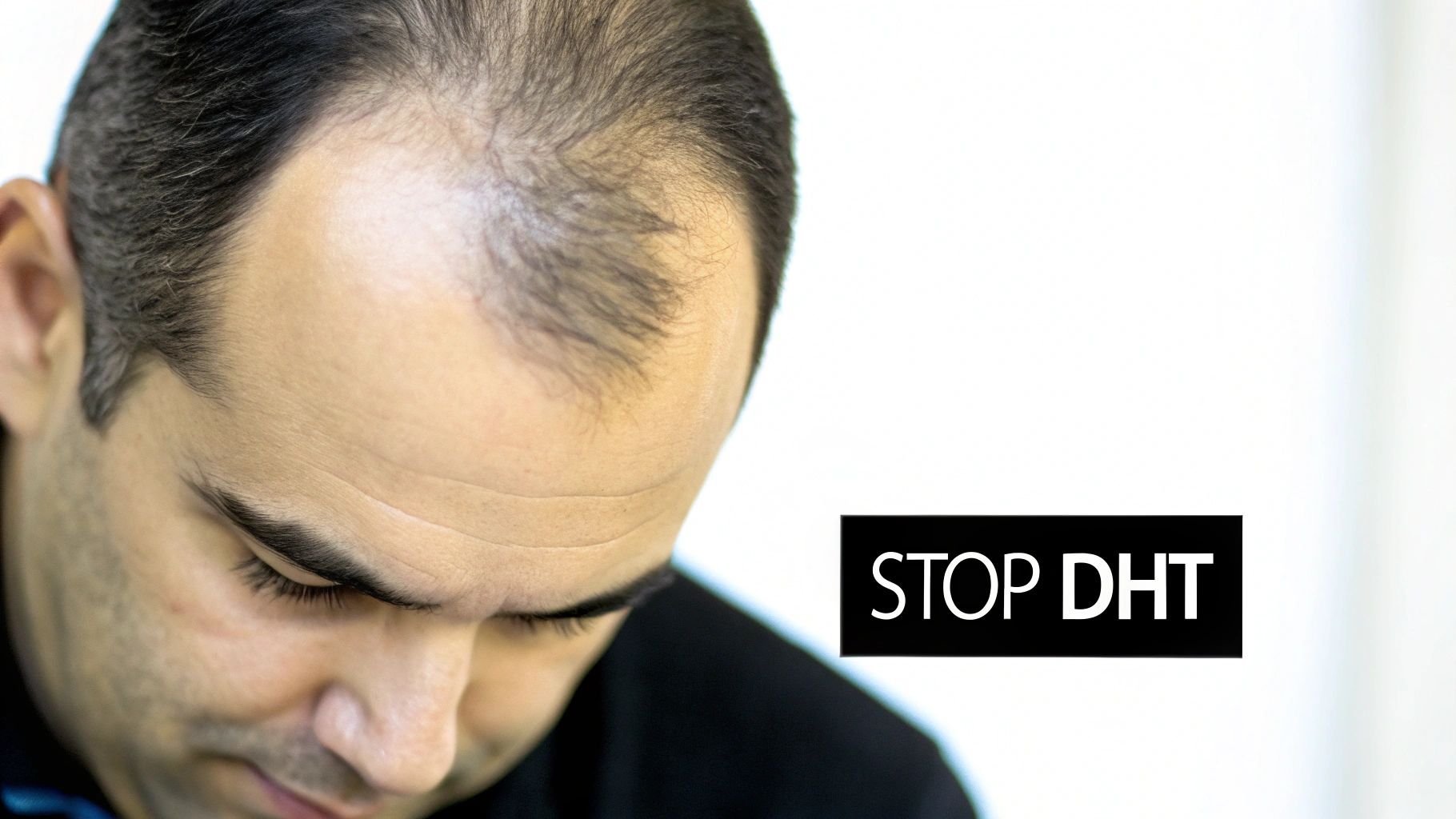 A man with visible thinning hair and male pattern baldness, with text reading 'STOP DHT'.