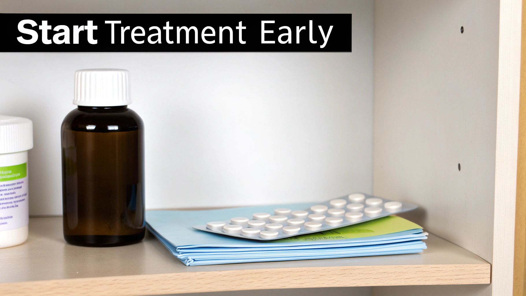 Medical supplies including a brown bottle, white bottle, and a blister pack of pills on a shelf, with text 'Start Treatment Early'.