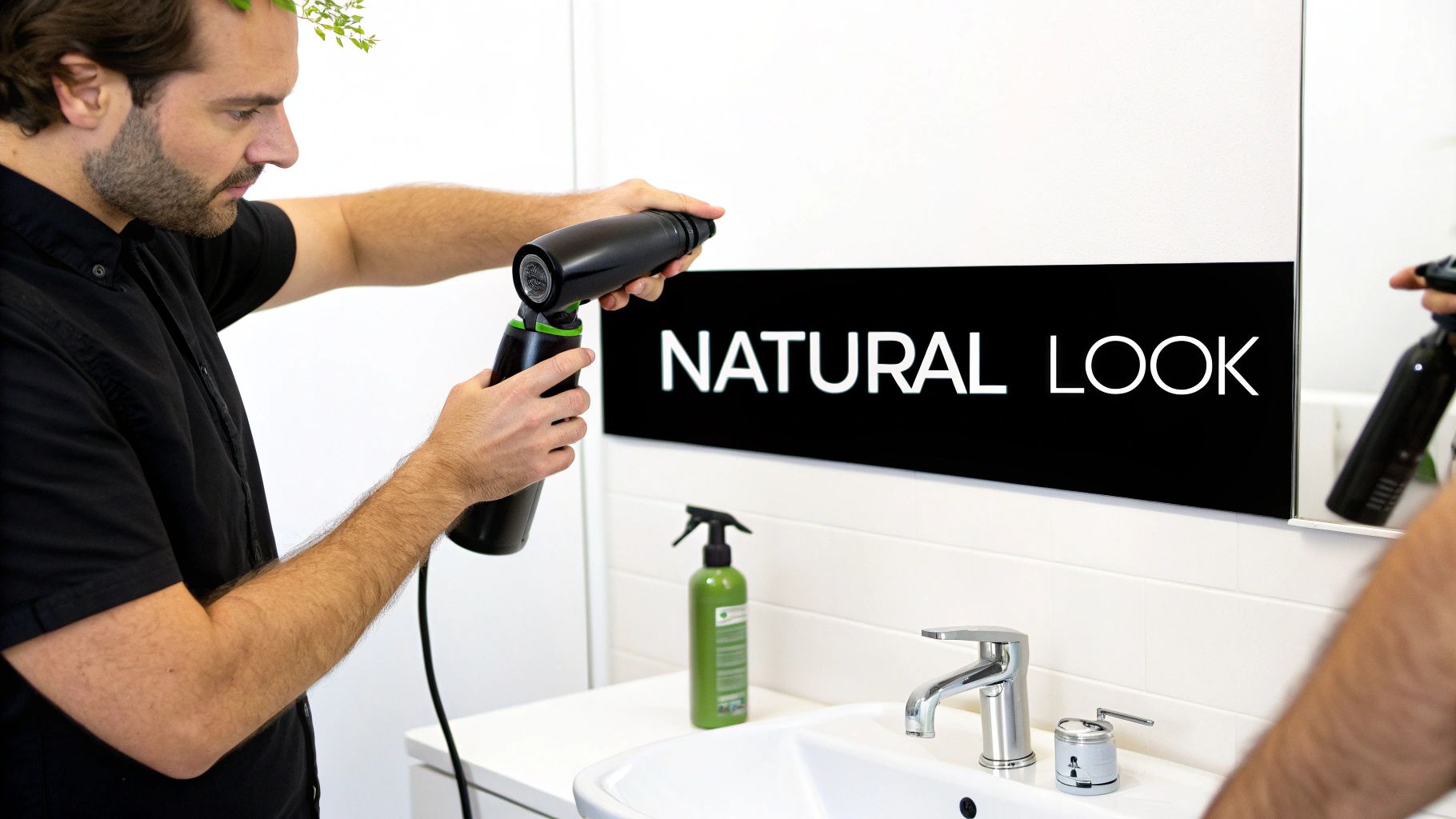 Man using hair dryer on natural look setting in modern bathroom mirror reflection