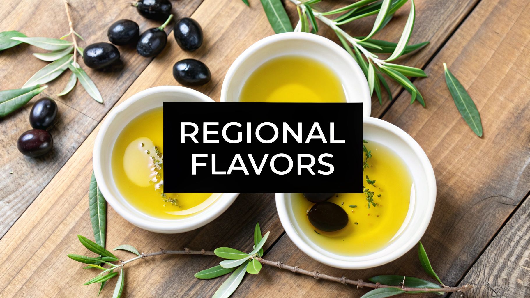 A rustic table set in an Italian olive grove, with bottles of olive oil and bowls of olives.