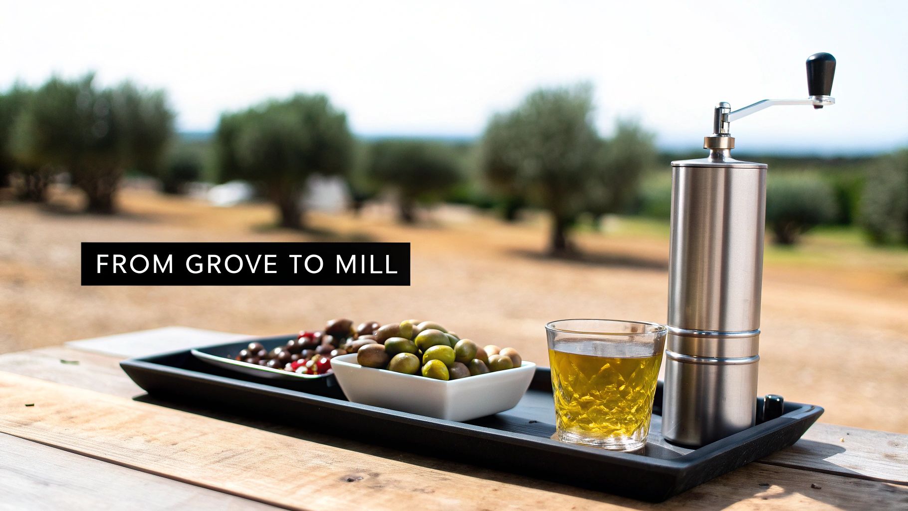 A tray of fresh green and black olives, olive oil, and a grinder on a wooden table in an olive grove.