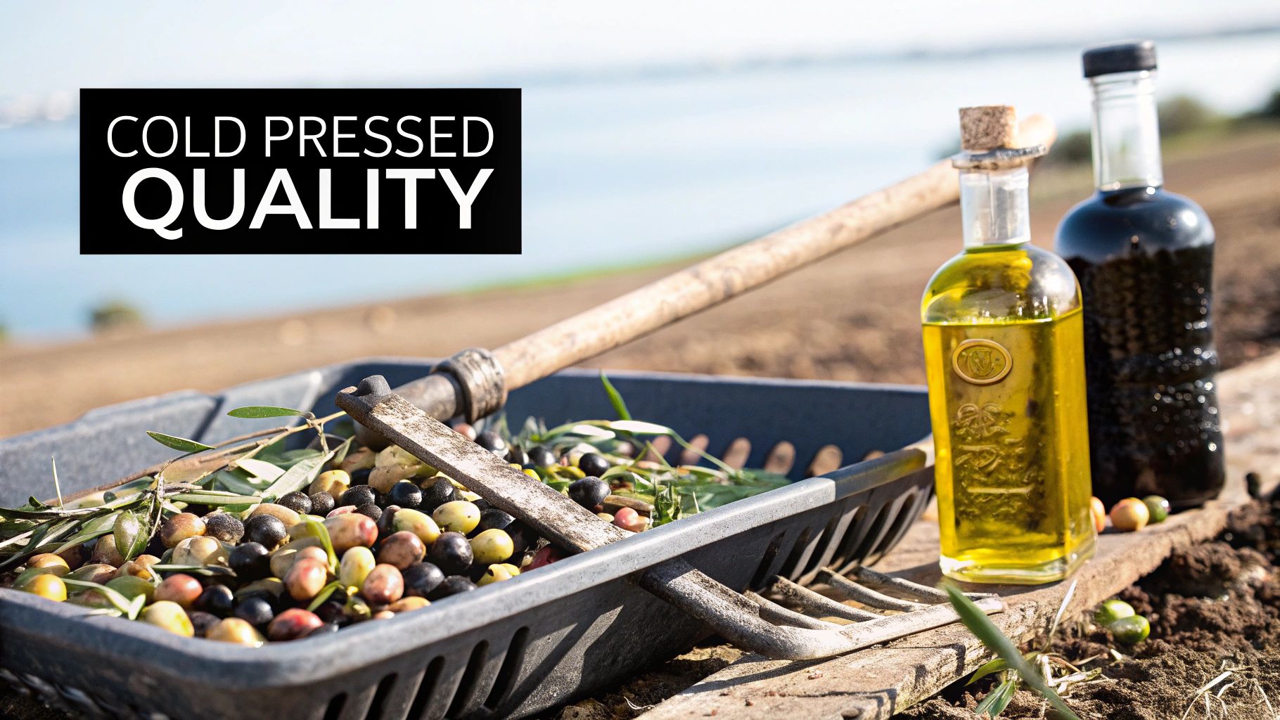 A woman drizzling extra virgin olive oil over a fresh salad.