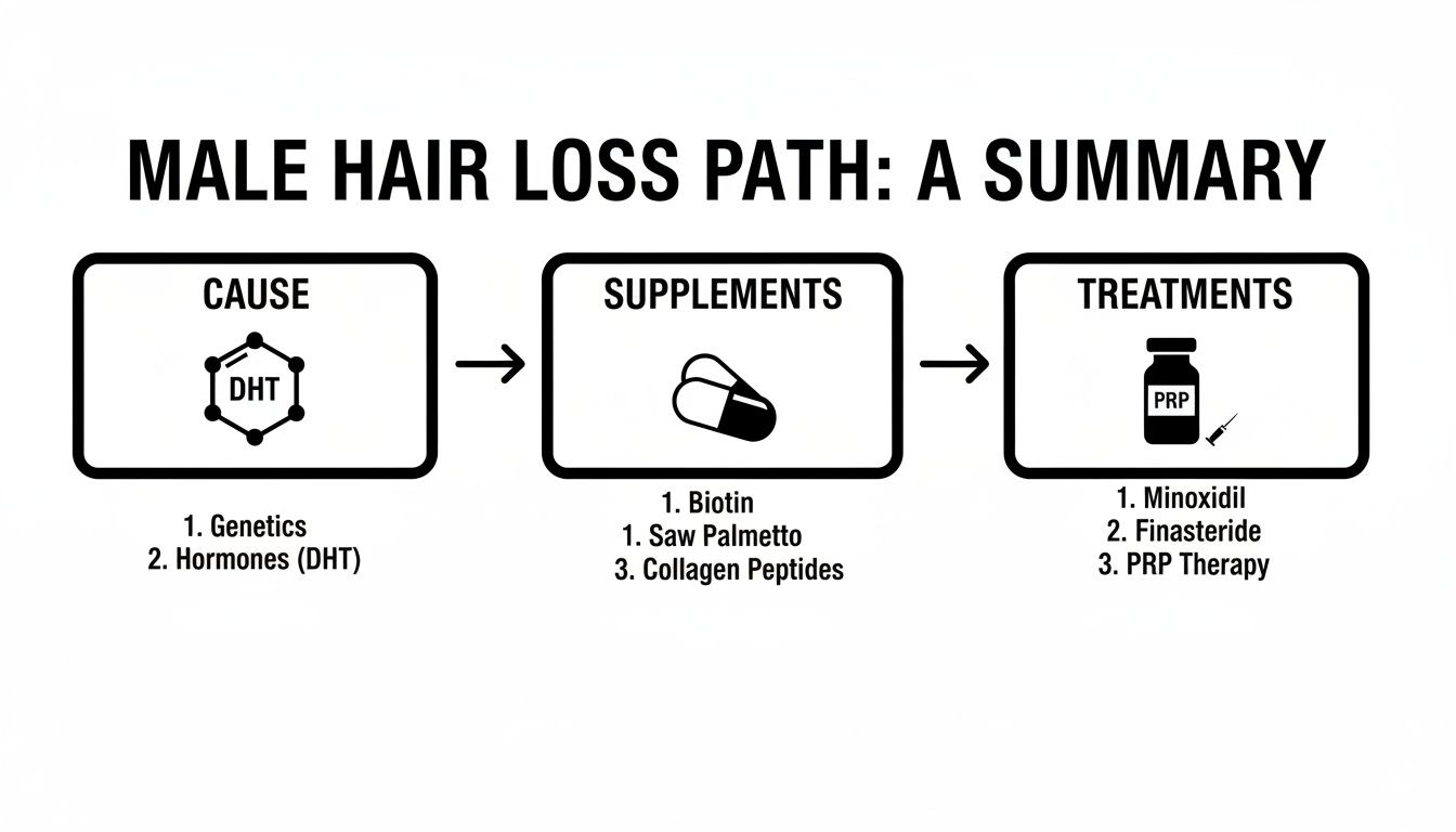 Flowchart summarizing male hair loss causes (genetics, hormones), supplements (biotin, saw palmetto), and treatments (minoxidil, finasteride, PRP).