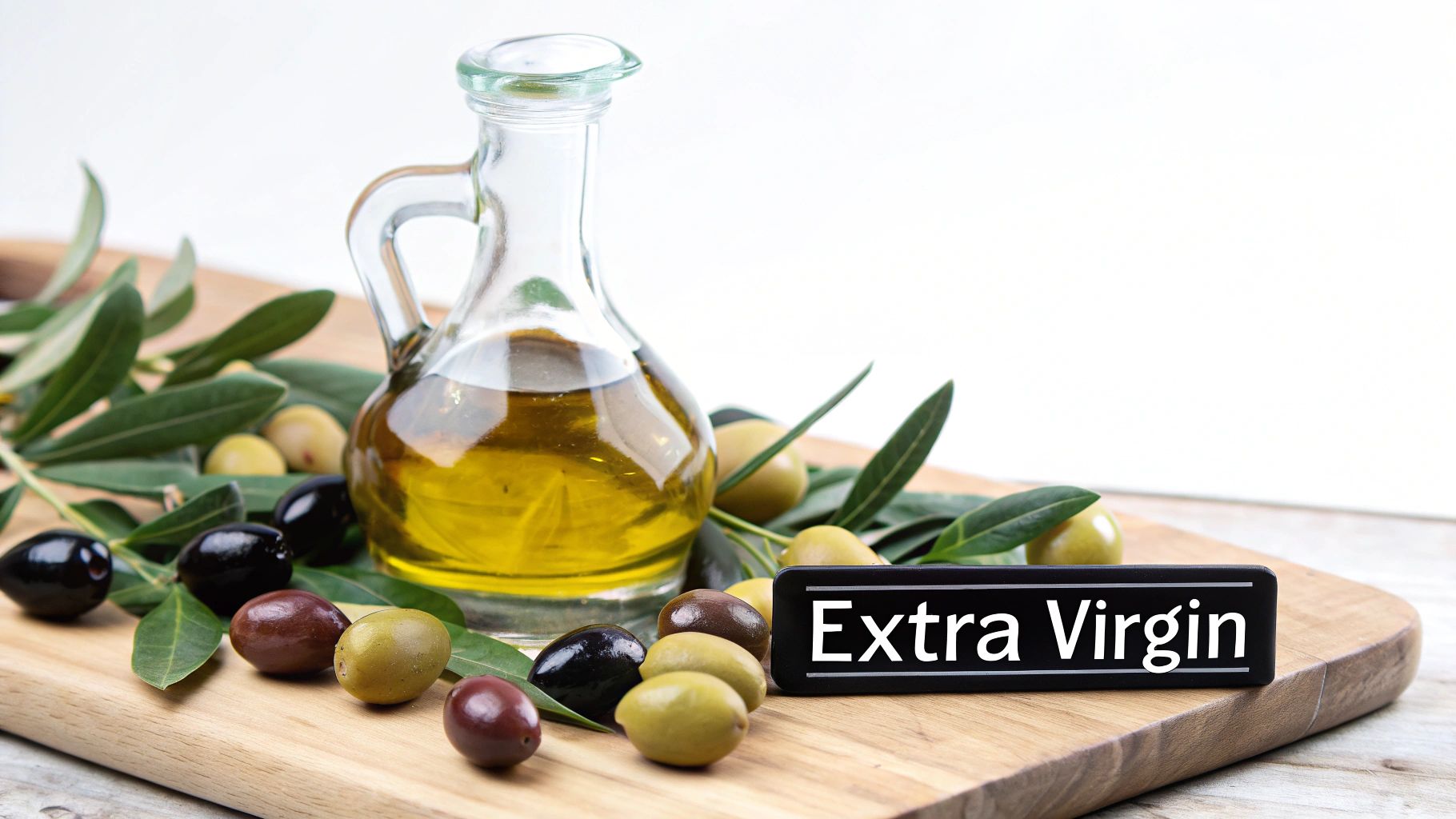A clear glass carafe of extra virgin olive oil, fresh olive branches, and various olives on a wooden board.