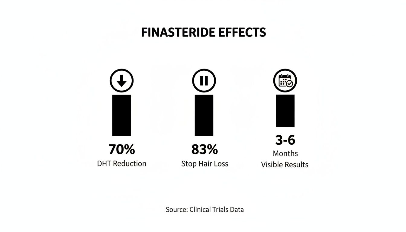Infographic illustrating finasteride effects: 70% DHT reduction, 83% stop hair loss, and 3-6 months for visible results.