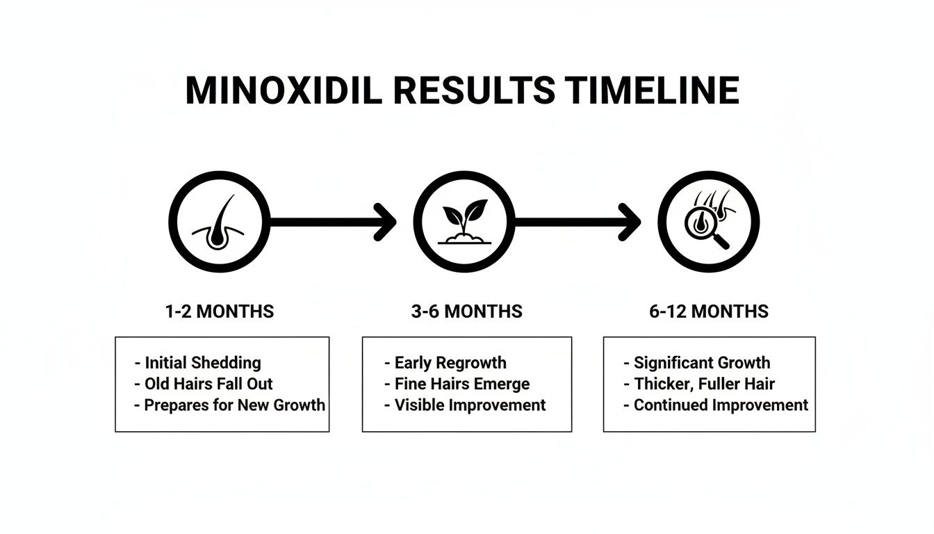 Minoxidil results timeline illustrating hair growth stages: initial shedding, early regrowth, and significant thickening.