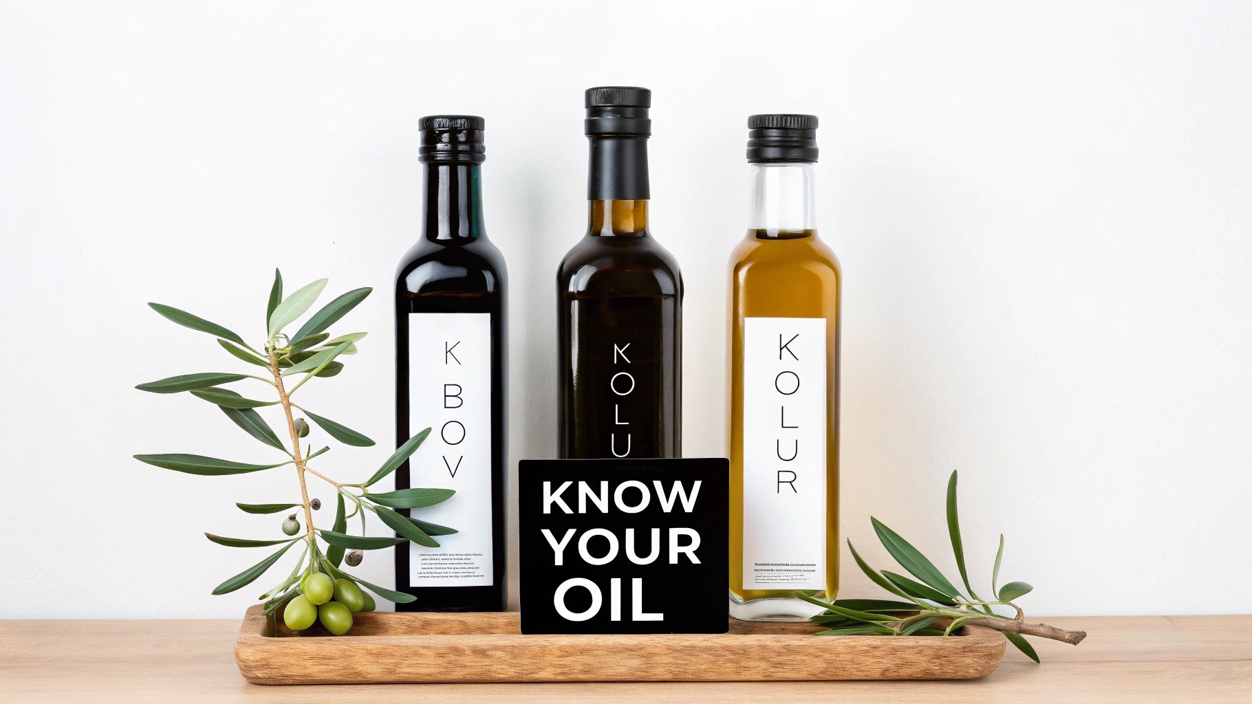 Three bottles of olive oil with minimalist labels displayed on wooden board with fresh olive branches