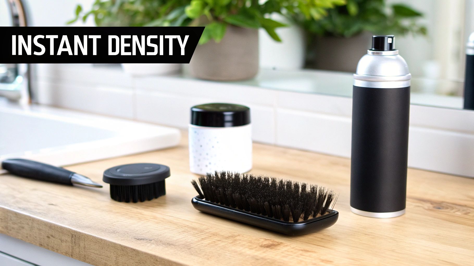 A collection of hair care products, including spray, jar, and brushes, on a wooden counter.