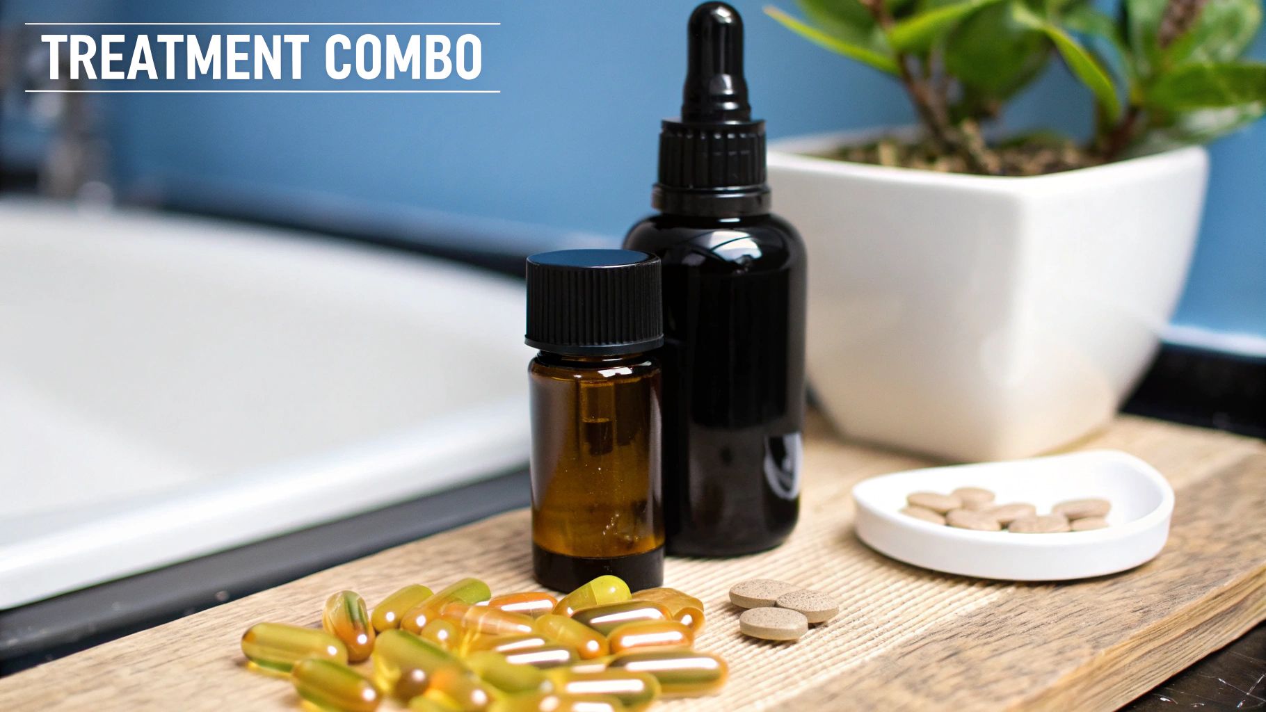 A man applying a hair loss treatment serum to his scalp while a bottle of hair vitamins sits on the counter.