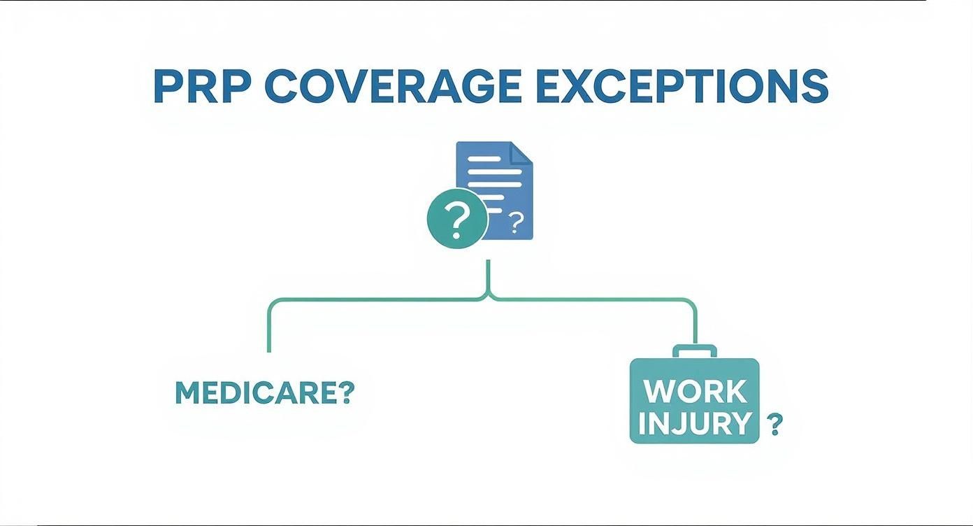 Infographic decision tree showing PRP coverage exceptions for Medicare or work injuries.