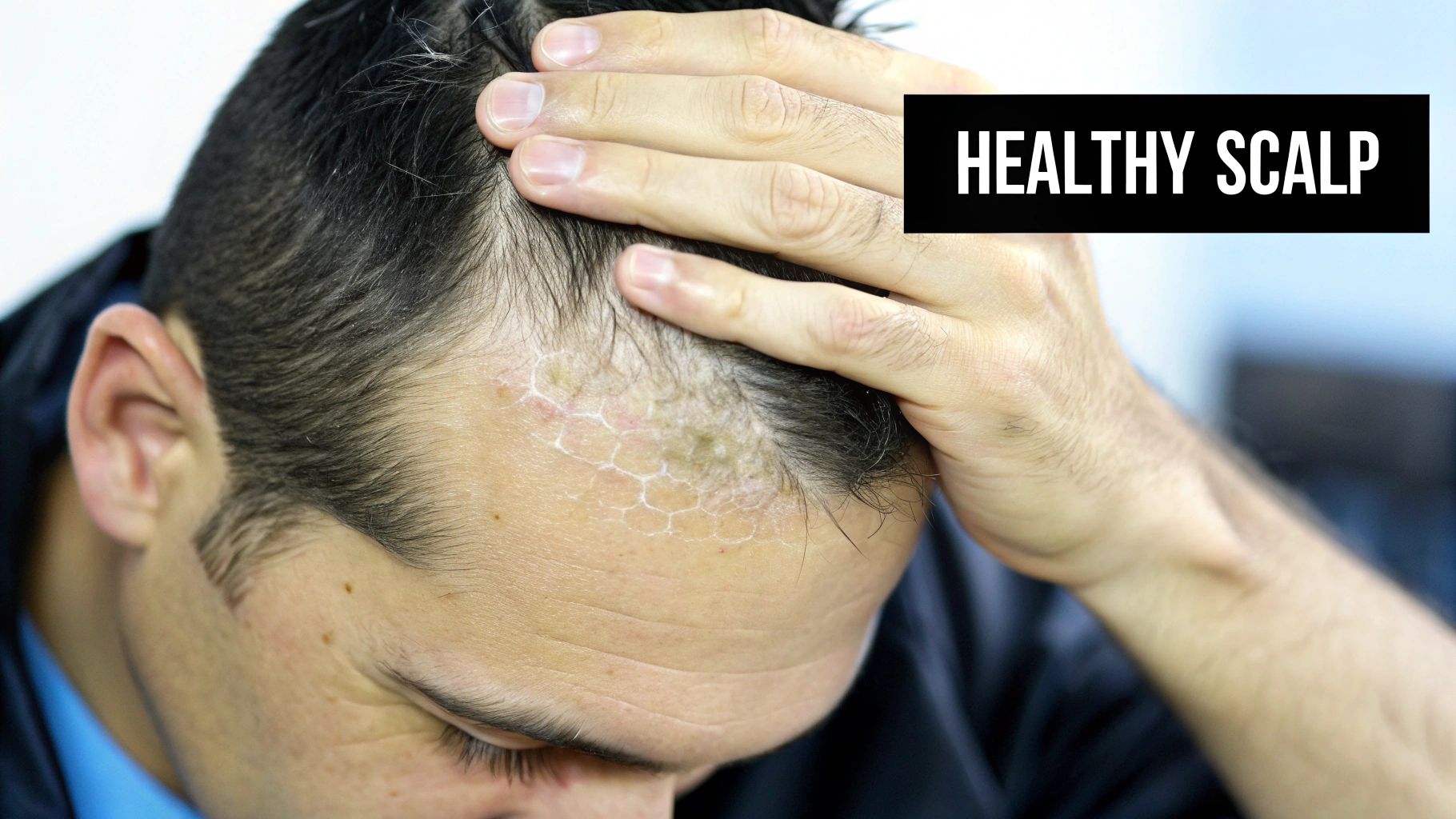 A man's scalp with visible dry, flaky skin and patches of discoloration.
