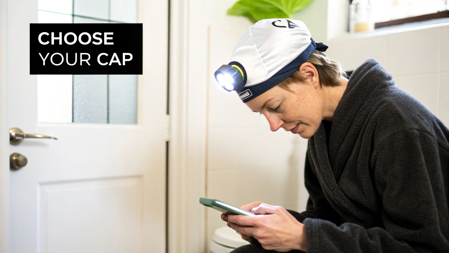 A woman in a robe wears a headlamp cap while looking at her phone, next to a door with a 'CHOOSE YOUR CAP' sign.