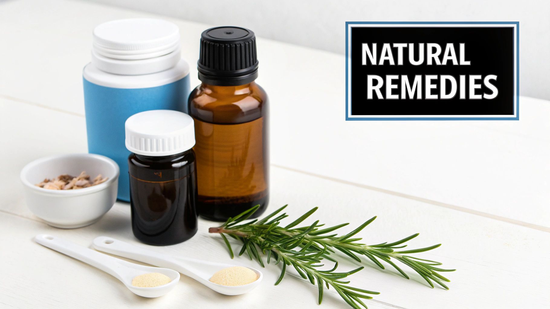 Assortment of bottles, rosemary, herbs, and powders for natural remedies on a white table.