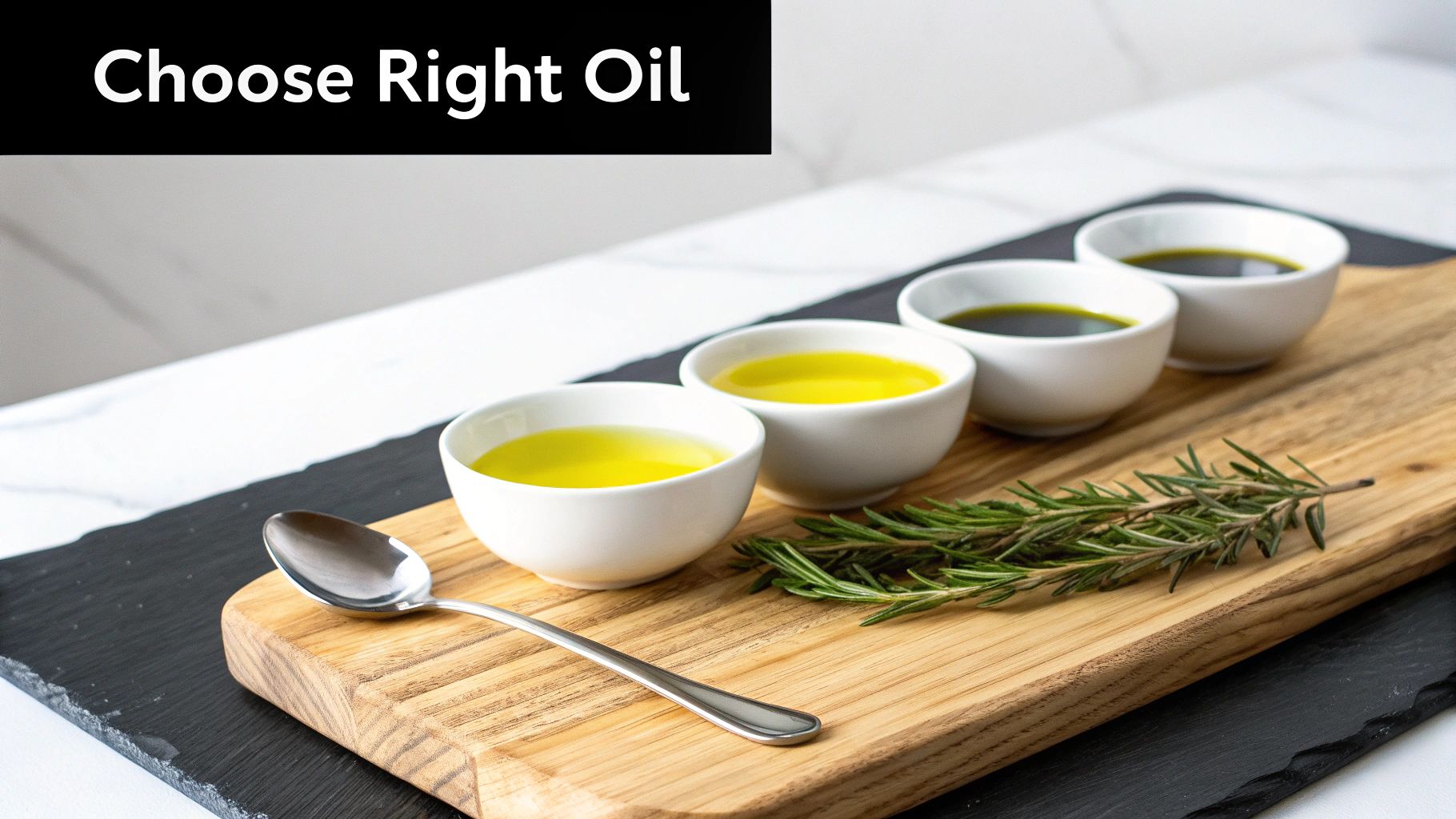 Four small bowls of various oils and fresh rosemary on a wooden board, with a spoon, encouraging oil selection.