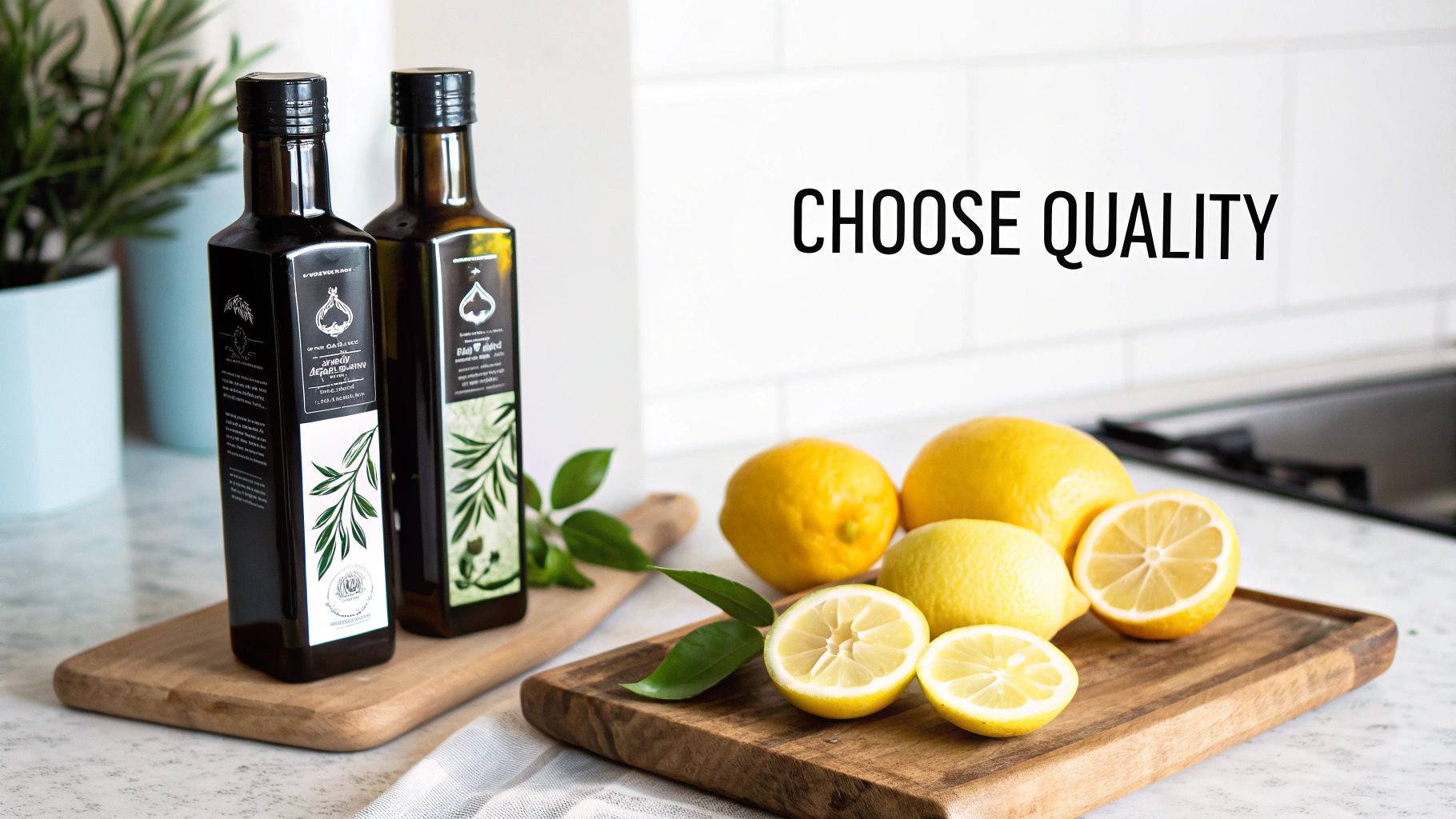 Two bottles of olive oil and fresh lemons on wooden cutting boards in a modern kitchen setting.