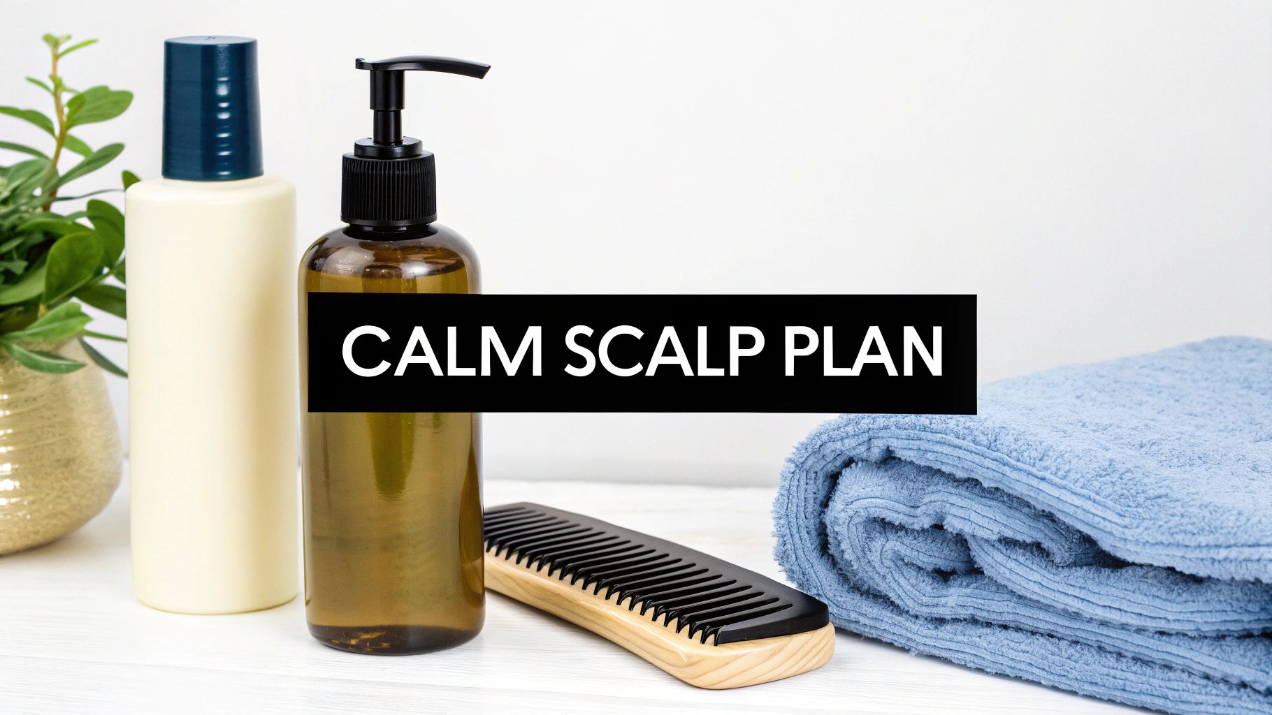 Bottles of shampoo, a comb, and a towel with the text "CALM SCALP PLAN."