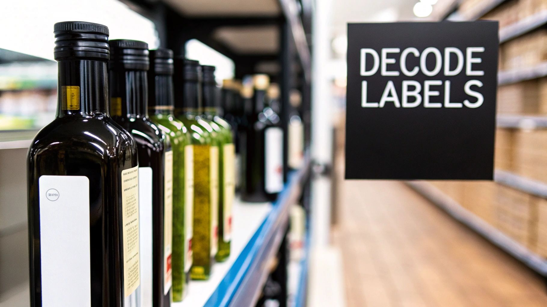 Olive oil bottles on a store shelf, with a black 'DECODE LABELS' sign visible.
