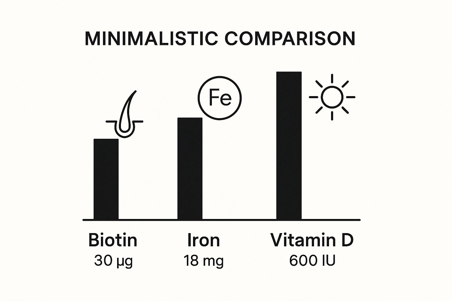 Infographic showing recommended daily intake for Biotin (30 µg), Iron (18 mg), and Vitamin D (600 IU).