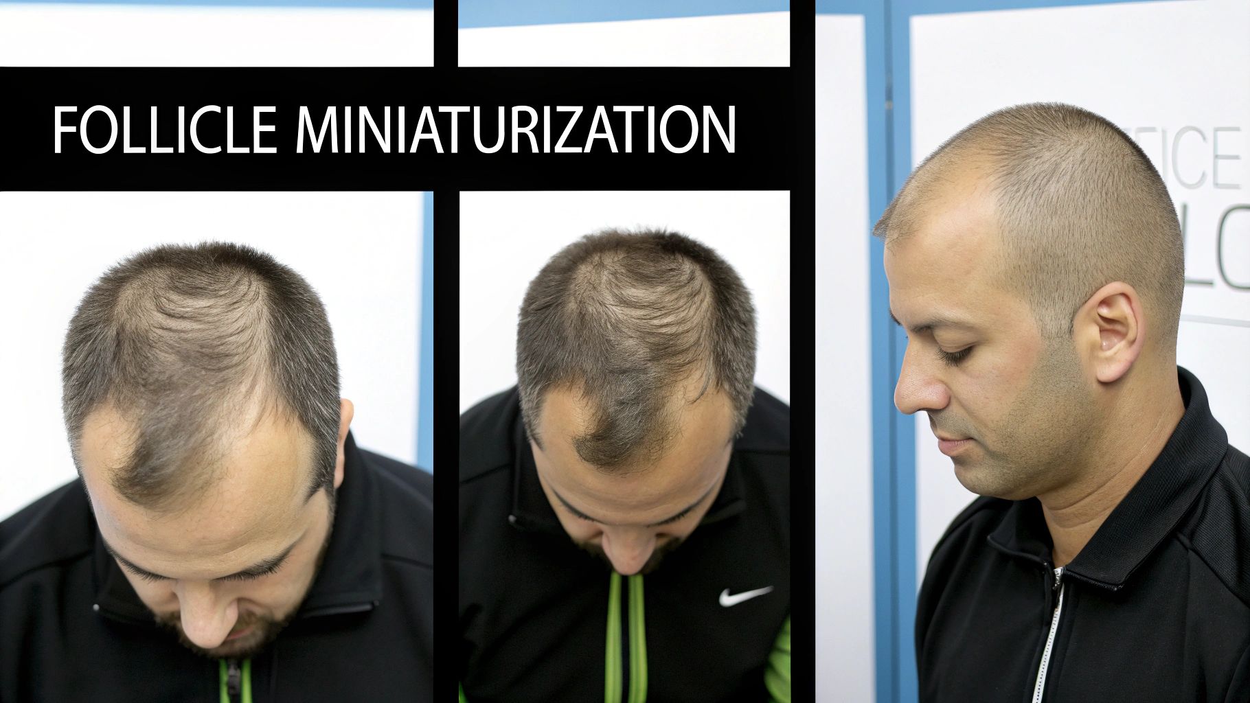 Close-up views of a man experiencing follicle miniaturization and visible hair thinning on his scalp.