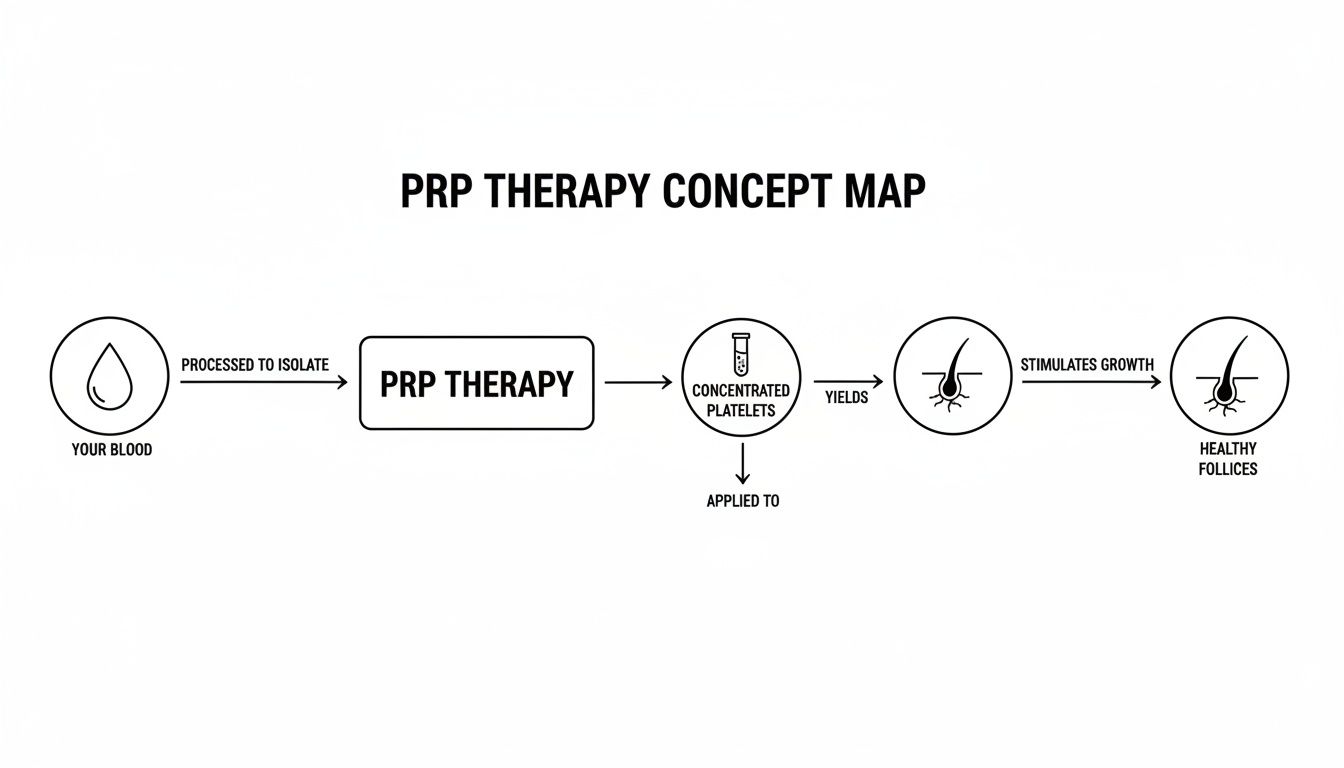 Concept map detailing PRP therapy, showing blood processed to concentrated platelets, stimulating hair follicle growth.